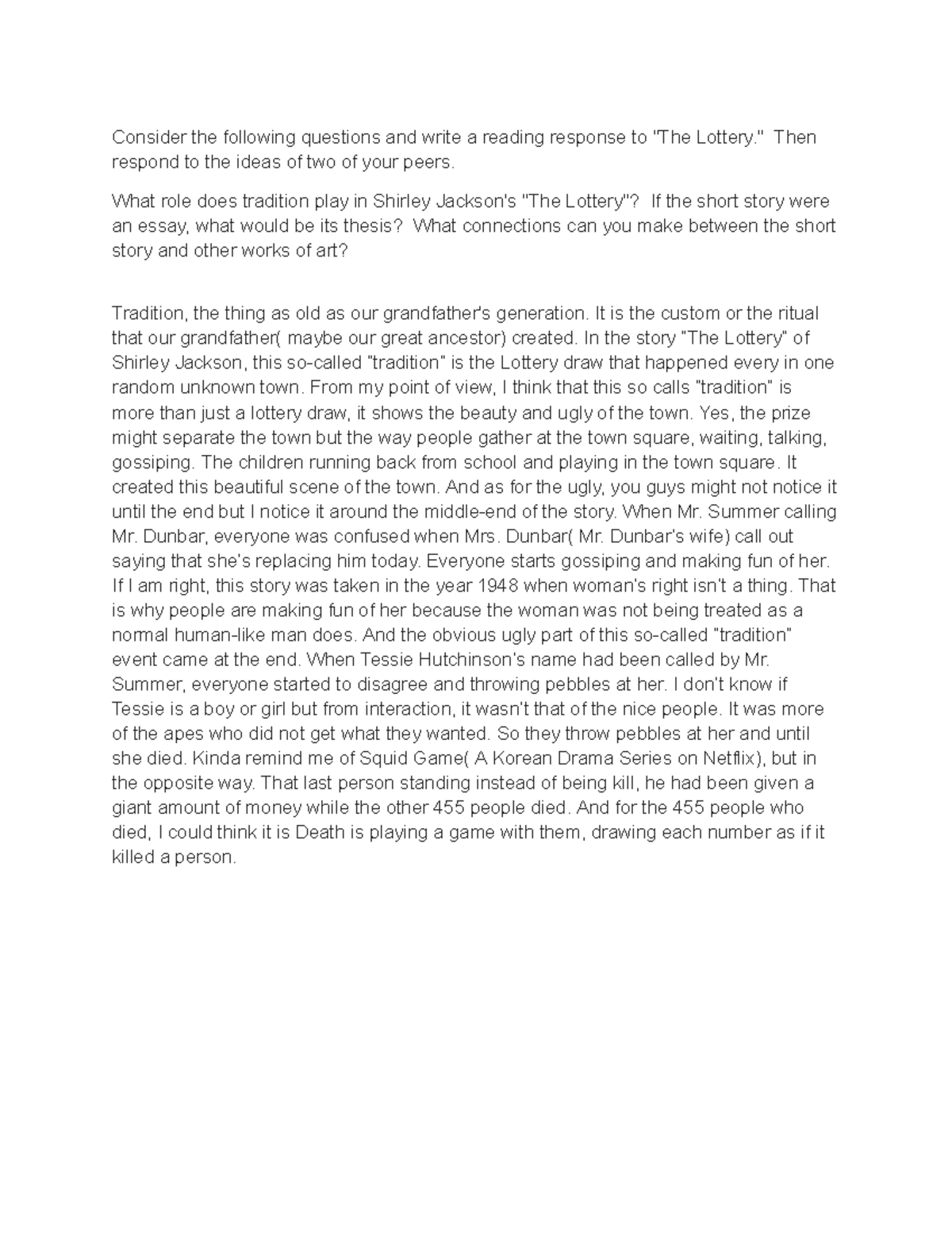 Tradition Google Docs Consider the following questions and write a