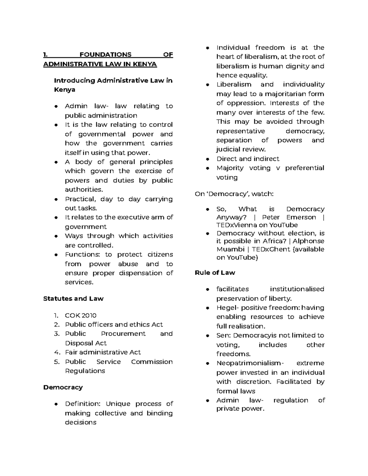 Administrative LAW Summary 1. FOUNDATIONS OF ADMINISTRATIVE LAW IN