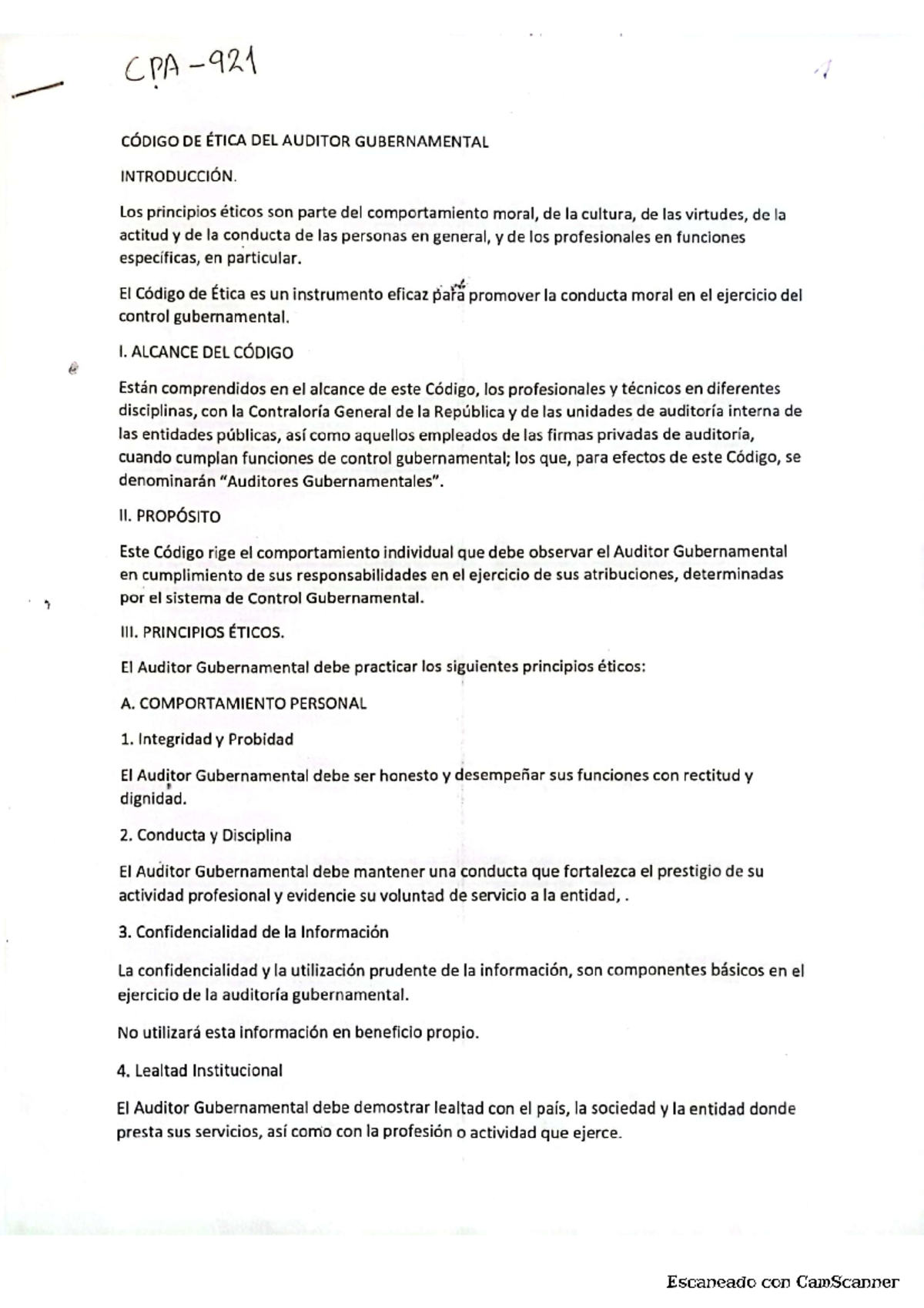 Codigo de etica - CPA 921 CÓDIGO DE ÉTICA DEL AUDITOR GUBERNAMENTAL ...