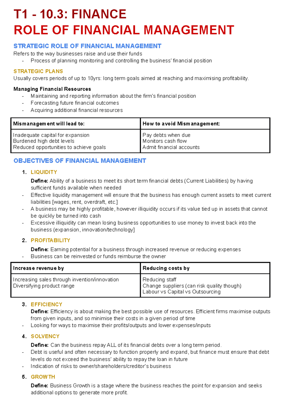 Finance Business Studies Notes - T1 - 10: FINANCE ROLE OF FINANCIAL ...