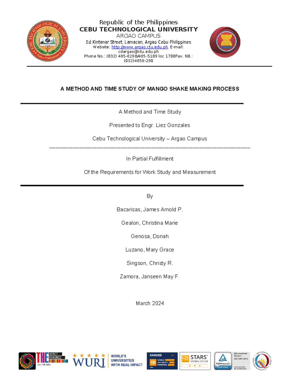 WORK Study - sfehbfdgjhj - CEBU TECHNOLOGICAL UNIVERSITY ARGAO CAMPUS ...