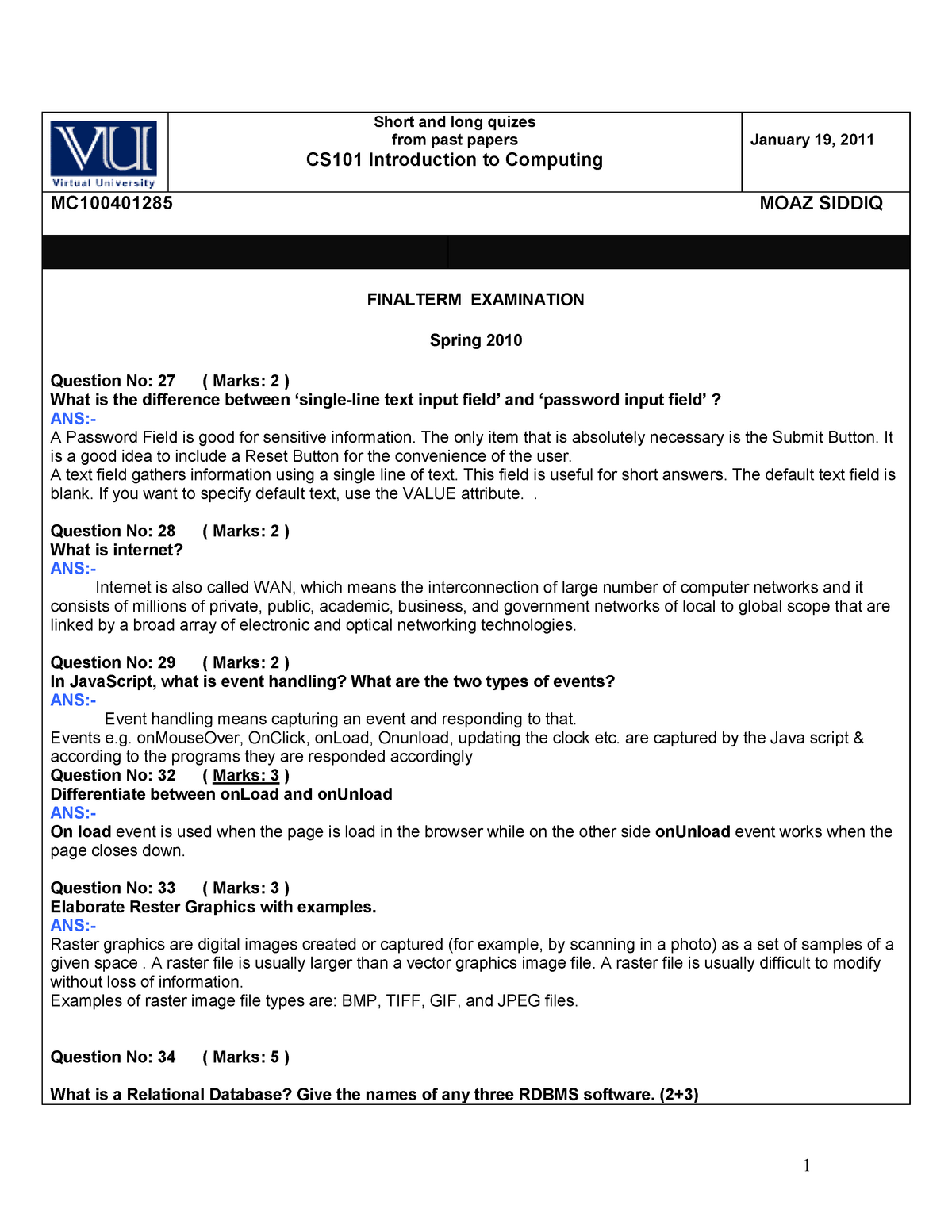 CS101-Finalterm Solved Short Questions - - Studocu