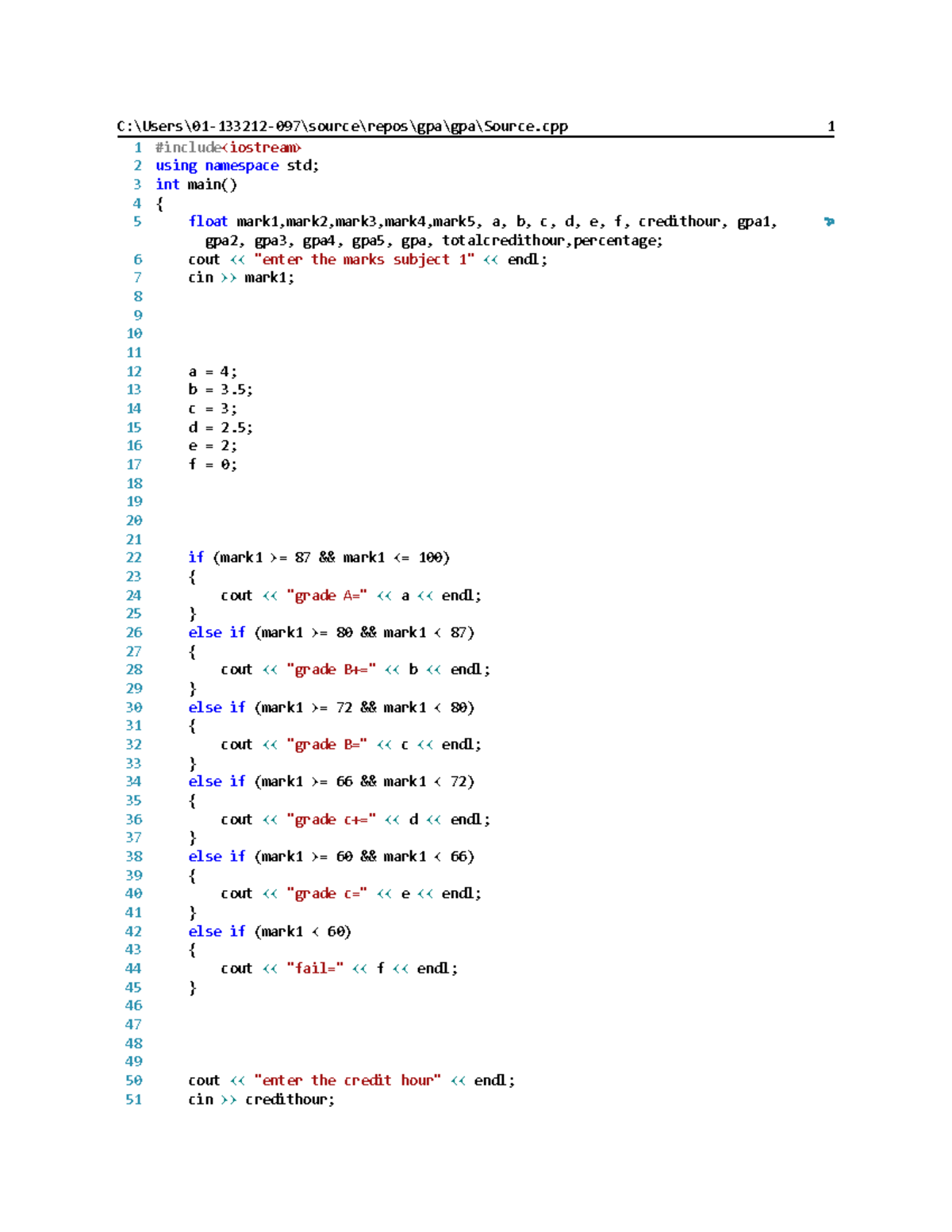 GPA calculator for 5 subjects of 3 credit hours with if else and nested else if. conditions