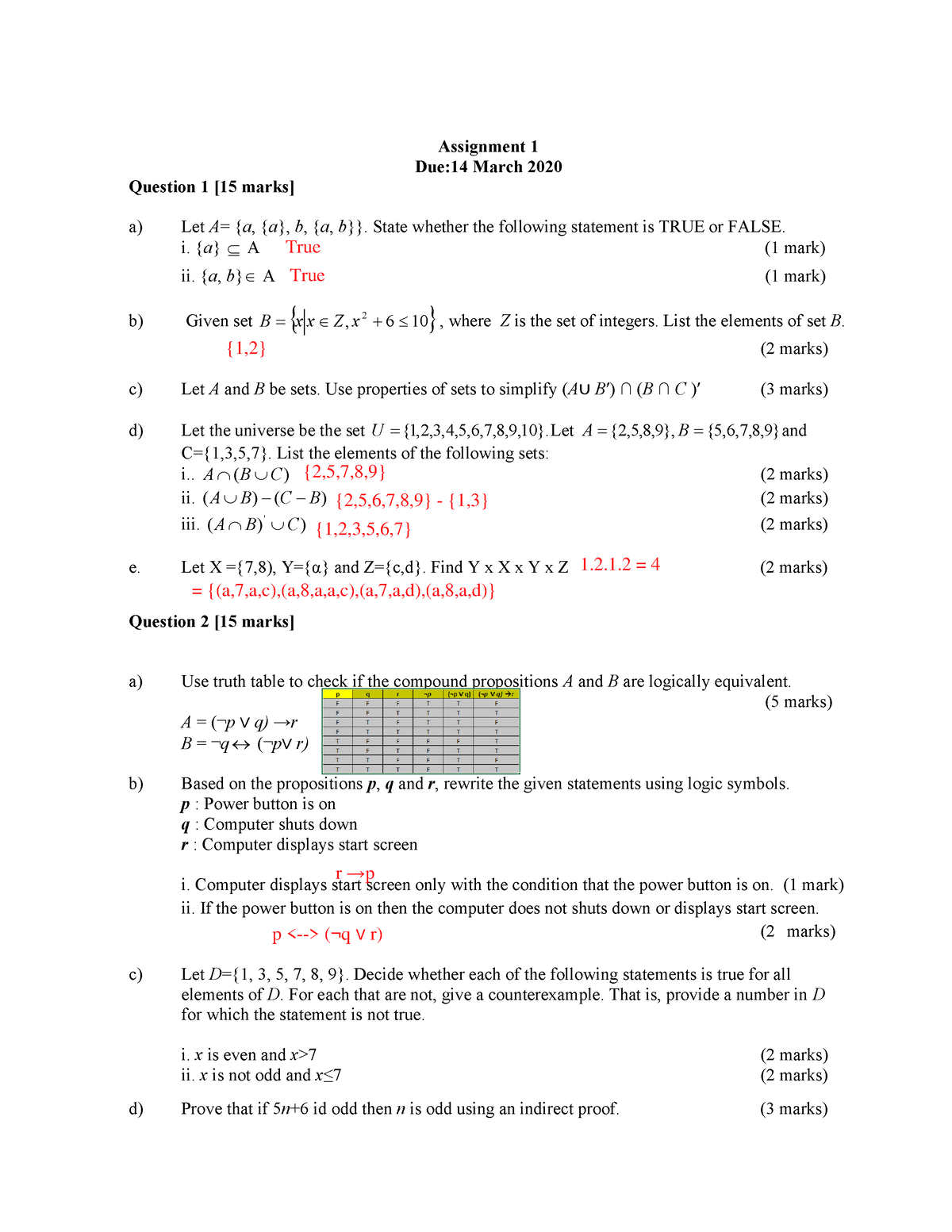 Asg1 - Assigment - Assignment 1 Due:14 March 2020 Question 1 [15 Marks ...