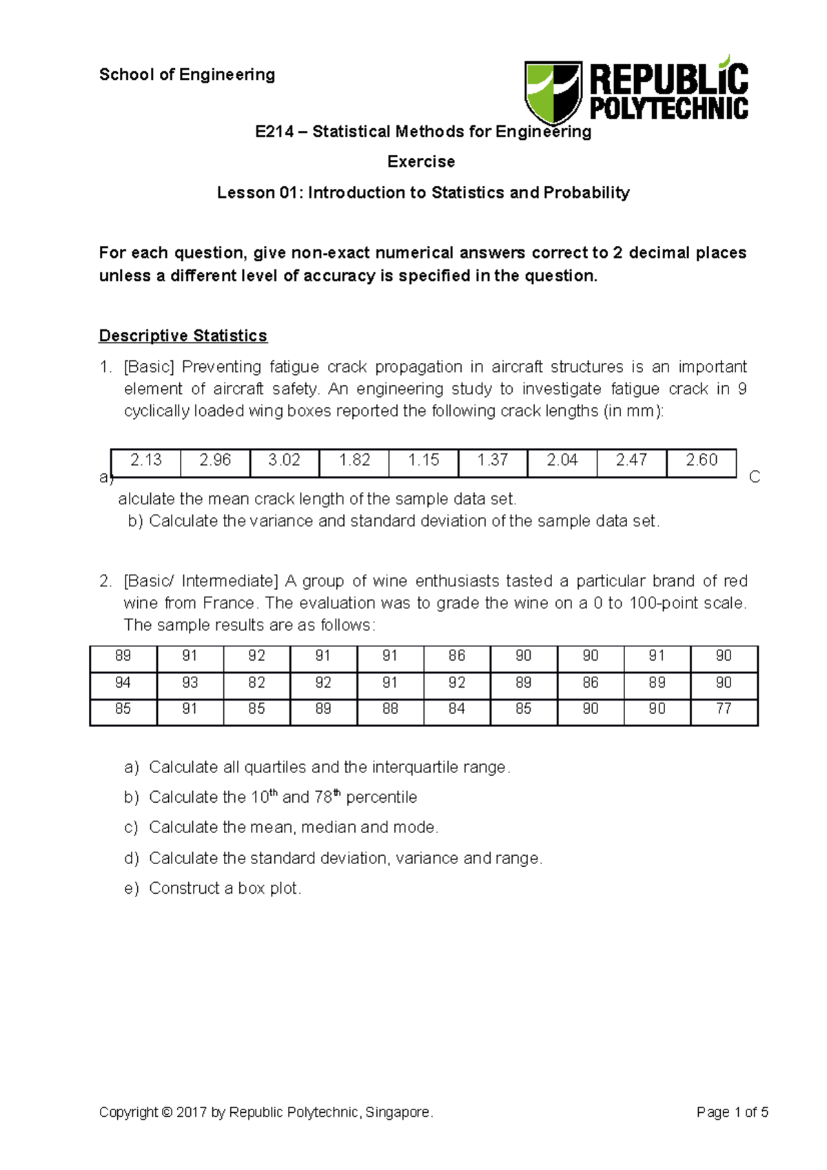 E214 Lesson 1 (Exercise) E214 Statistical Methods for Engineering
