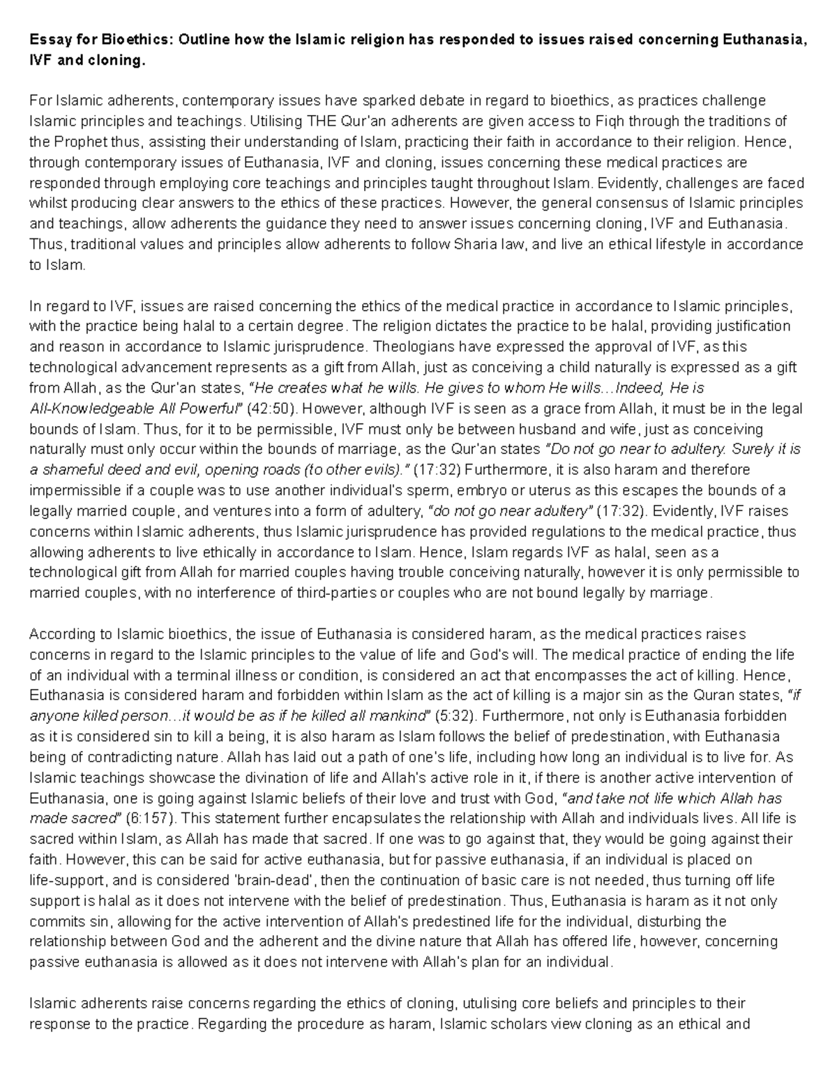 G. M - Islamic Bioethics - Essay for Bioethics: Outline how the Islamic ...