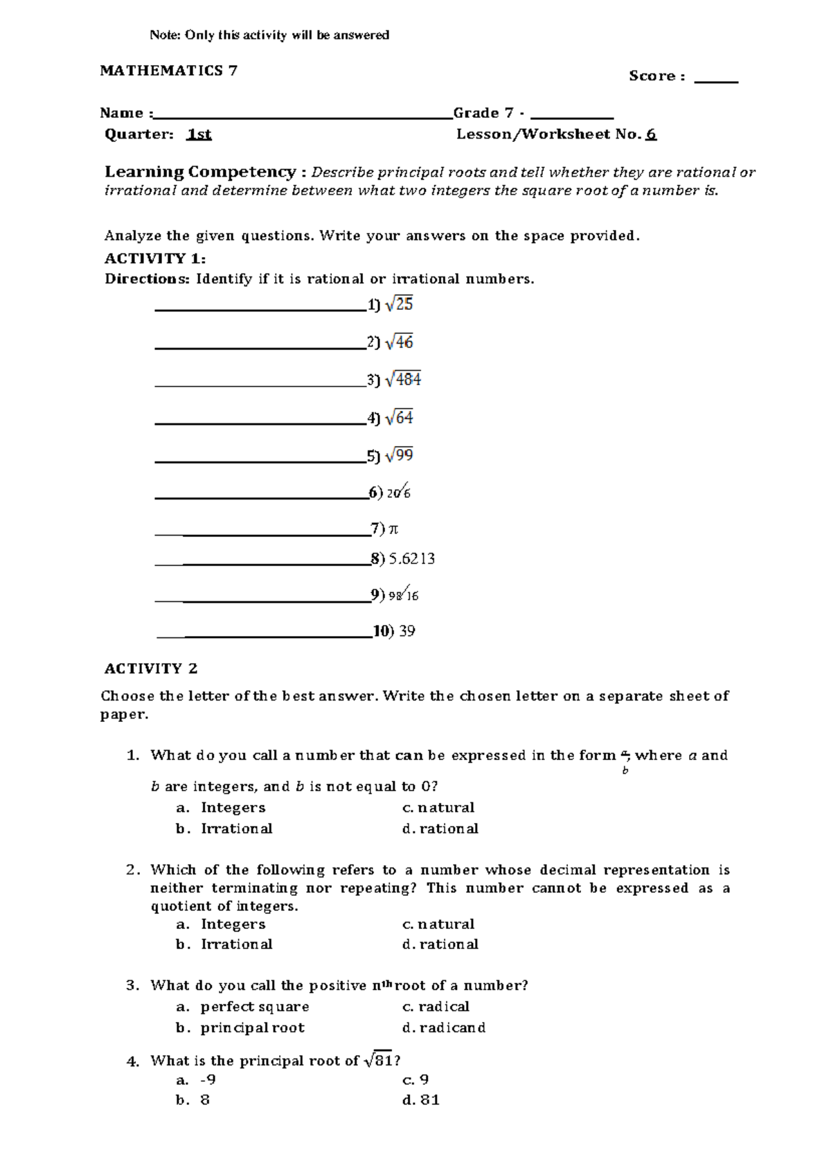 Quarter 1 mod 6 assessment - BSED Math - BulSU - Studocu