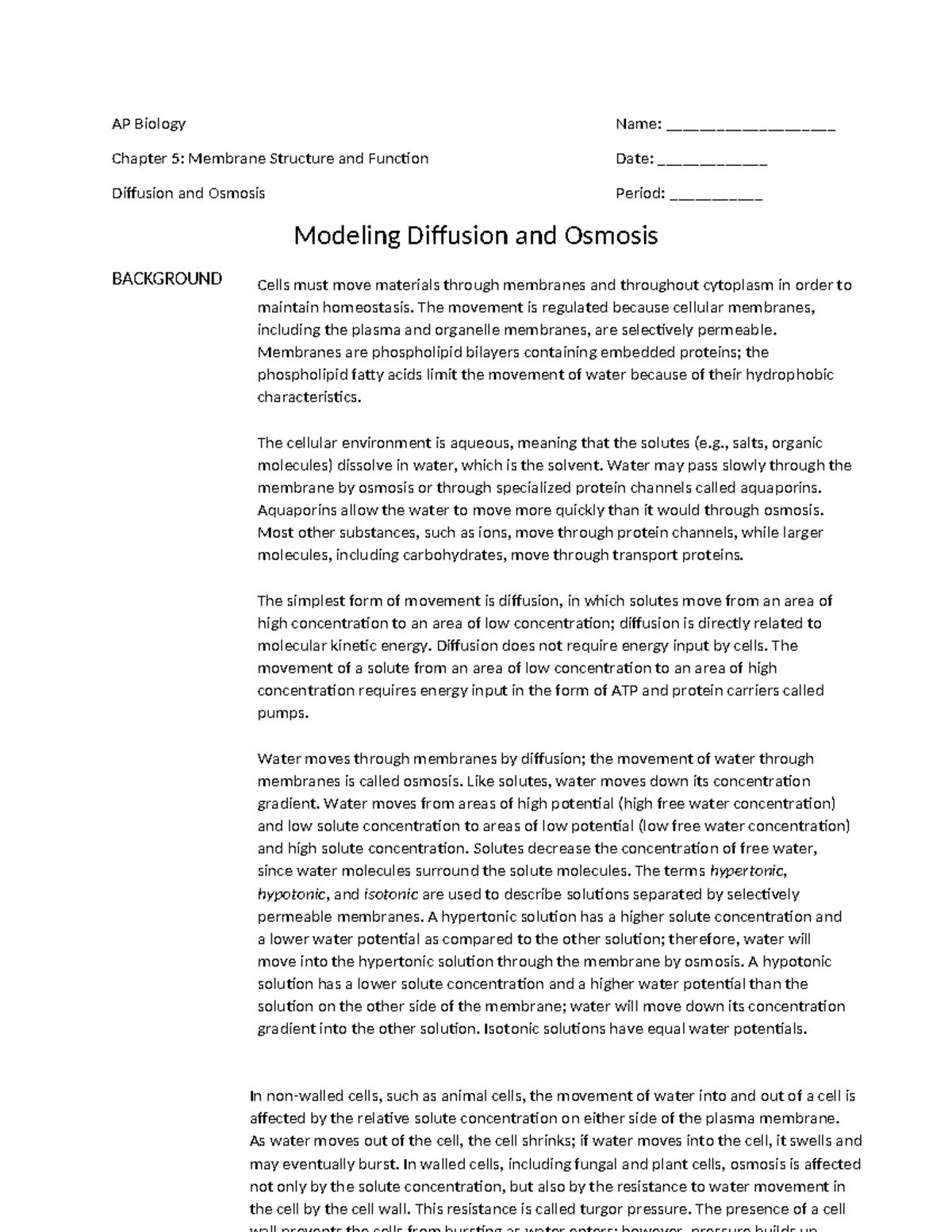 DiffusionOsmosis Lab AP Biology Name ____________________ Chapter 5