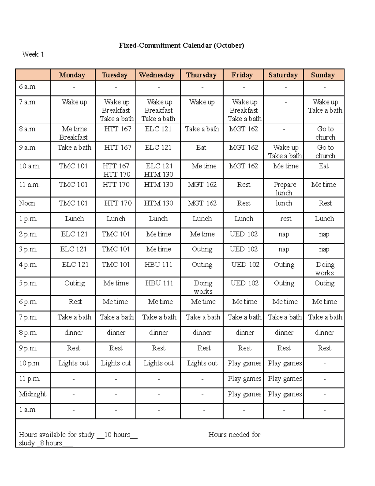  Fixed Commitment Calendar October Fixed Commitment Calendar