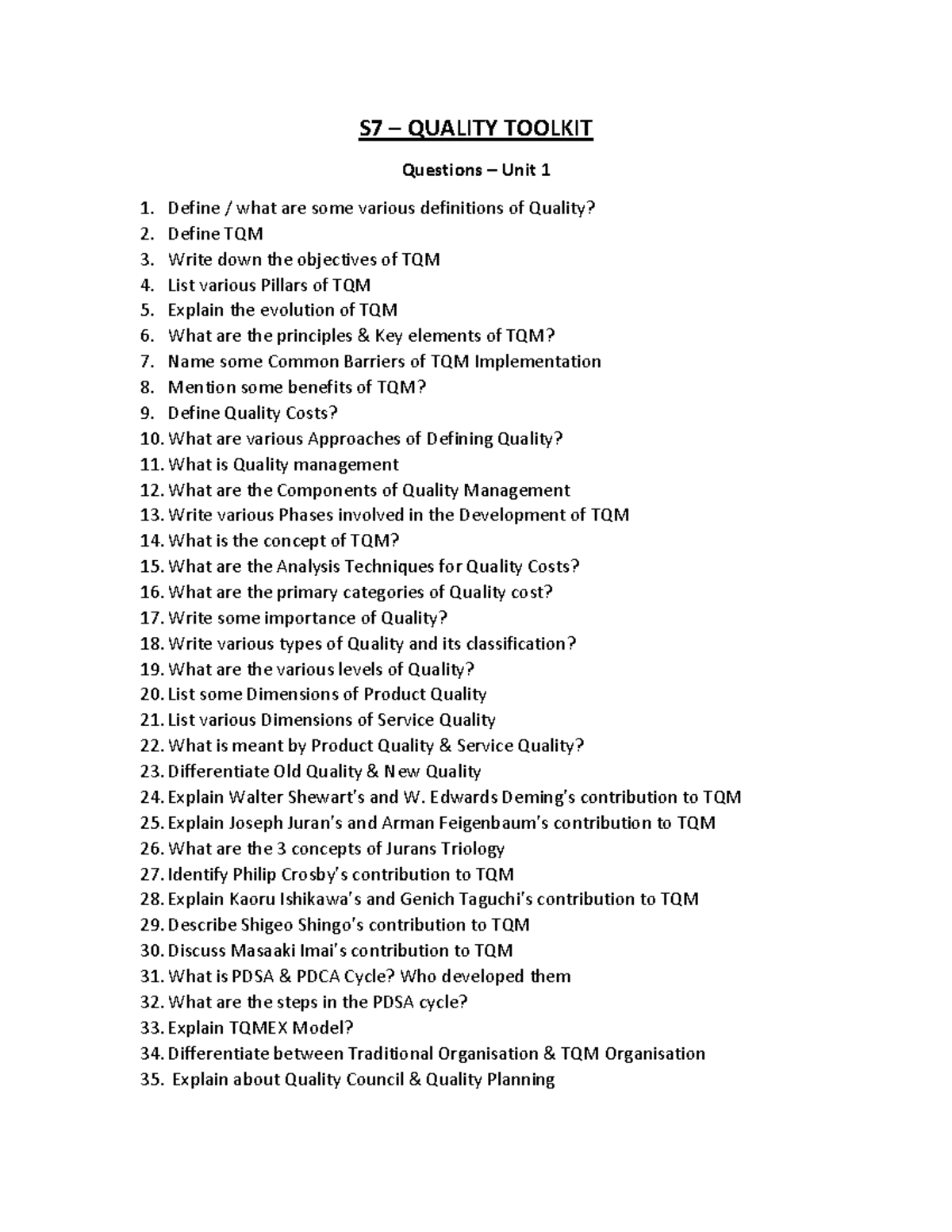UNIT 1 Question BANK Total Engineering Quality Management MB1202