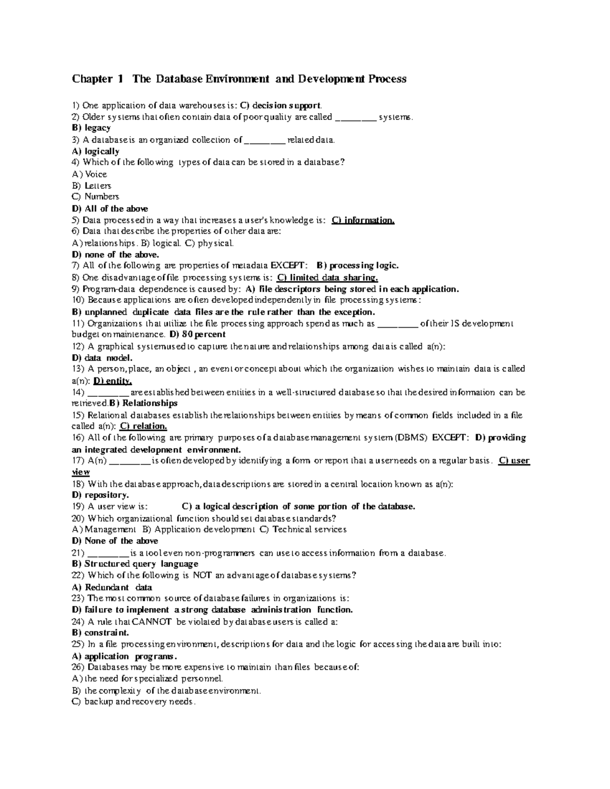 Test bank ch1 - ahmed emam - Chapter 1 The Database Environment and ...