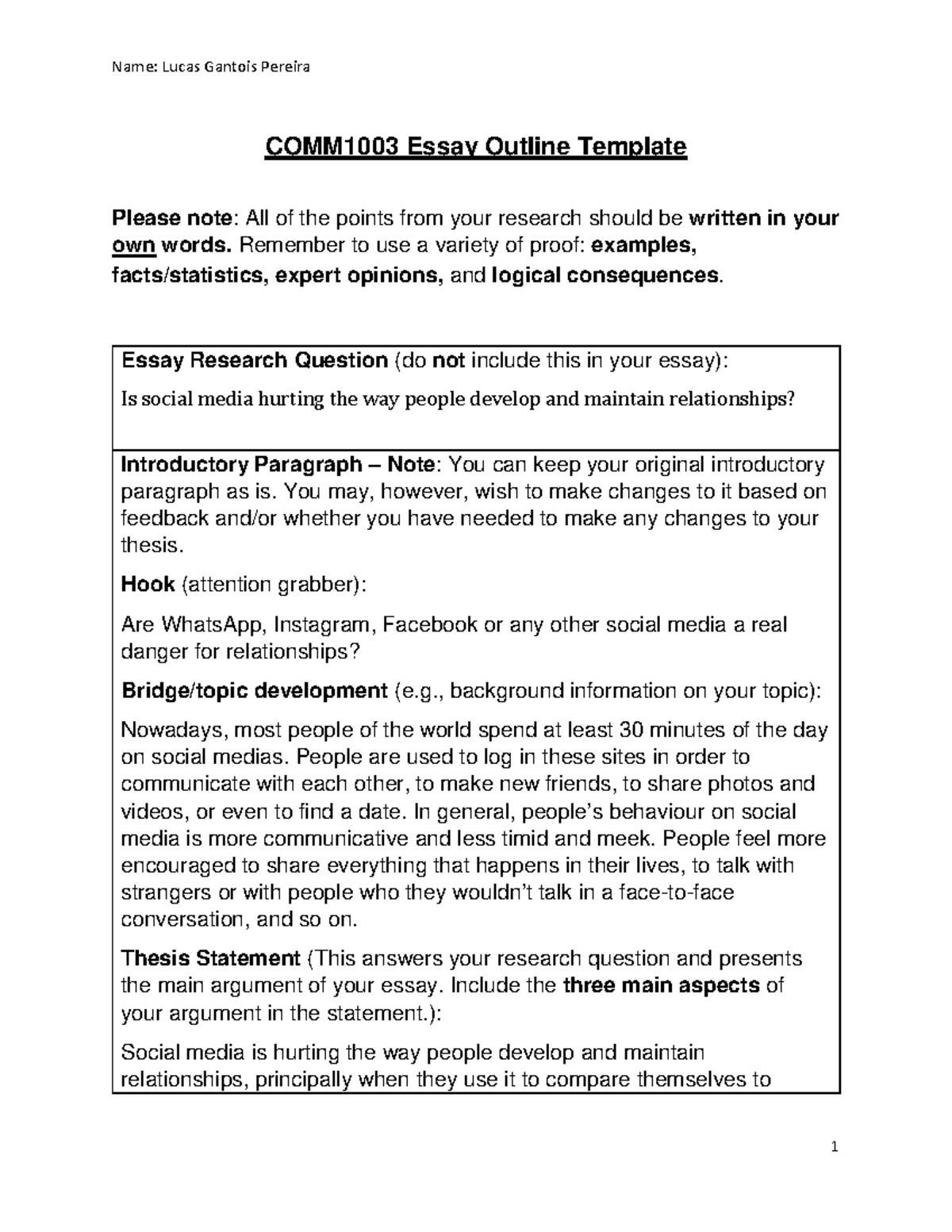111 - essay - COMM1003 Essay Outline Template Please note : All of the ...
