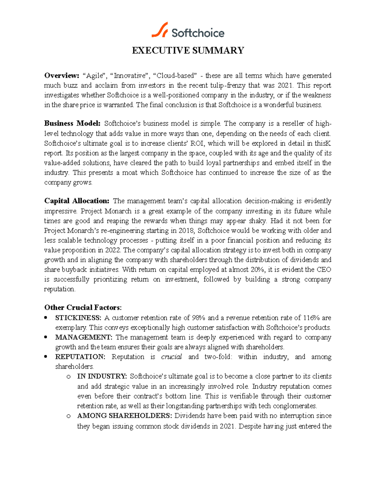 Softchoice Ass2 EXECUTIVE SUMMARY Overview “Agile”, “Innovative