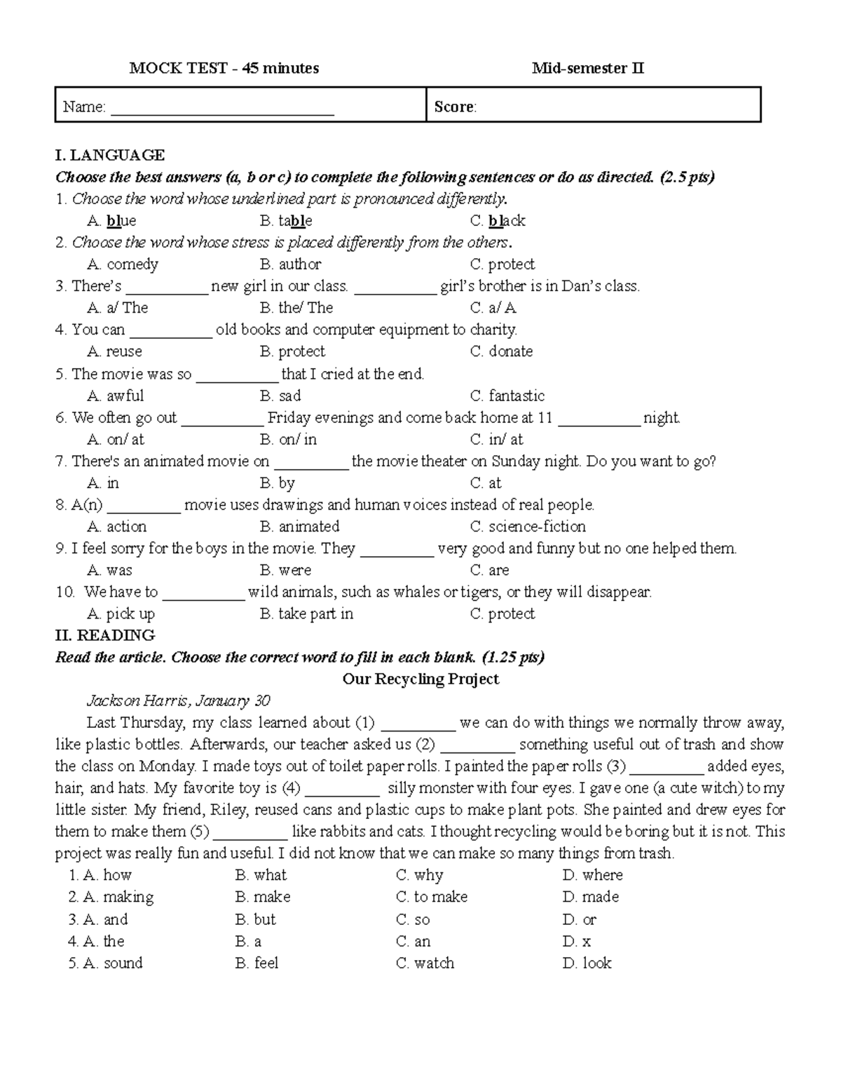 ISW6 GKII MOCK TEST - MOCK TEST - 45 minutes Mid-semester II Name