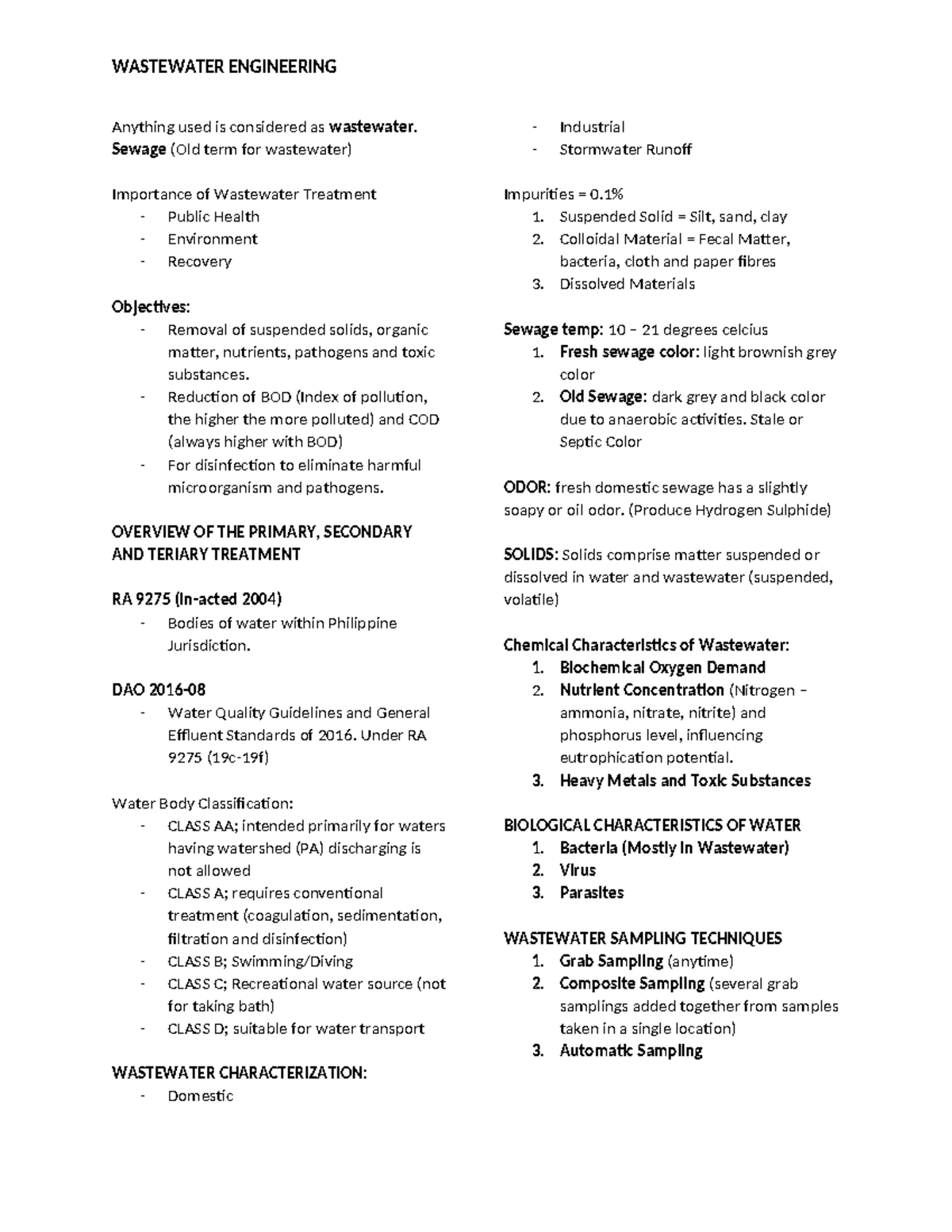 Wastewater Notes - WASTEWATER ENGINEERING Anything used is considered ...