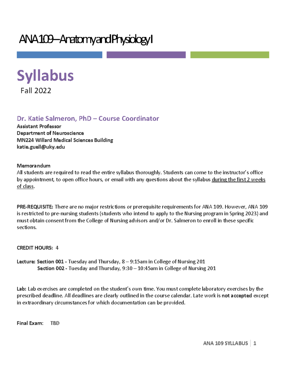 ANA 109 Syllabus - ANA 109 3 Anatomy and Physiology I Syllabus Fall ...