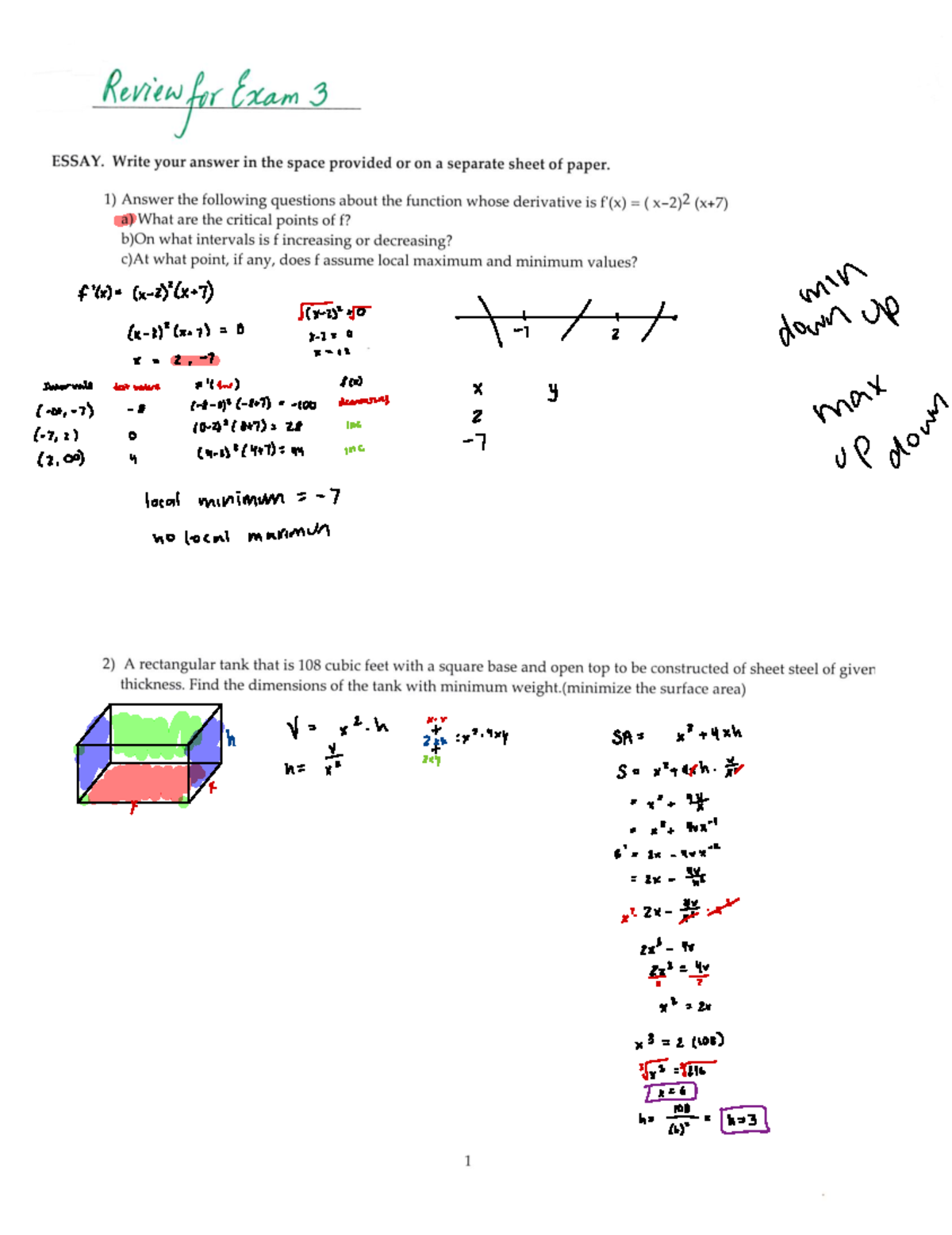 2413 Test 3 Review - f(x) = (x - 2)(x + 7) min Tx-1" = 0 · ####### l ...
