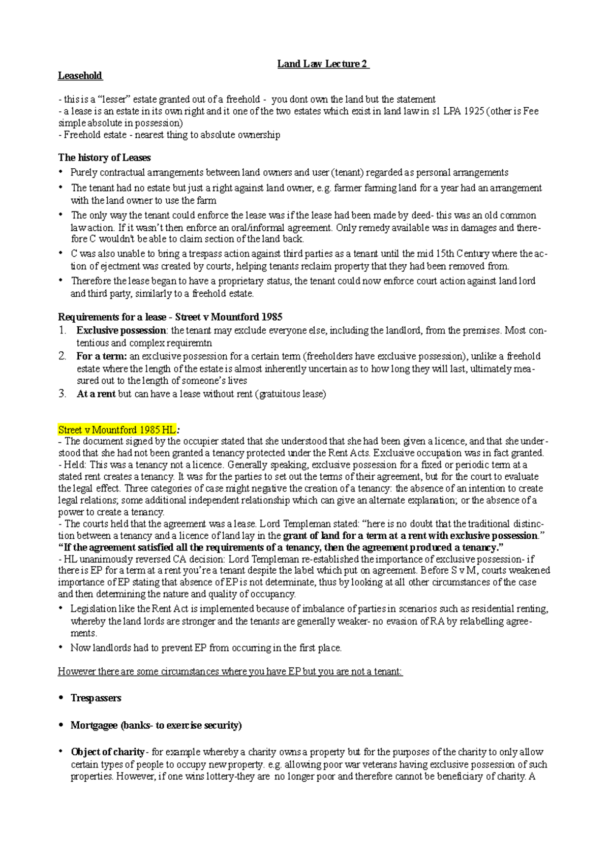 Land lecture Two Land Law Lecture 2 Leasehold this is a “lesser