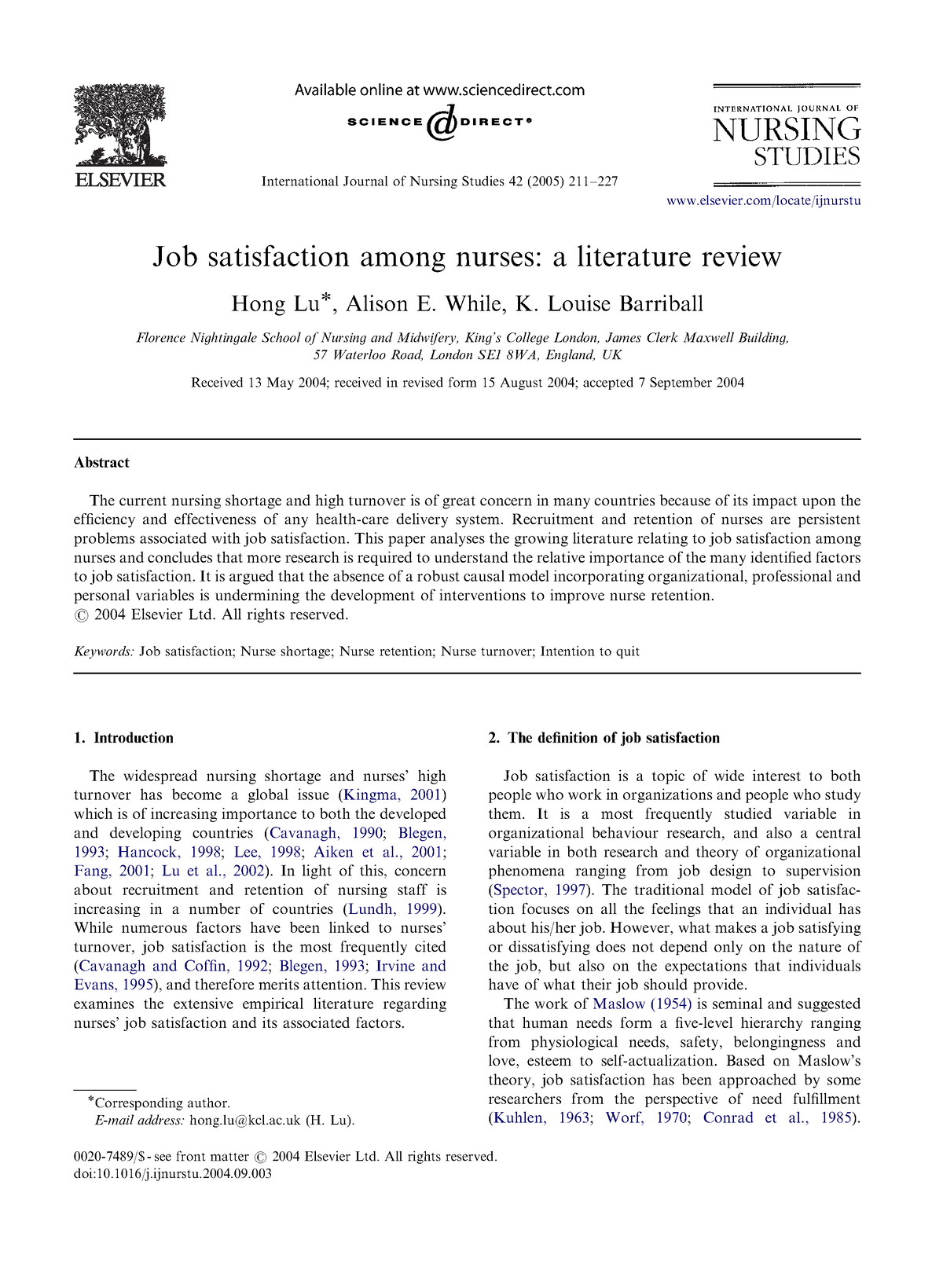 job satisfaction a literature review