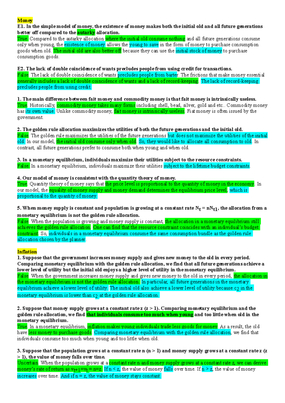 Money and Banking T F True and false exam questions and answers