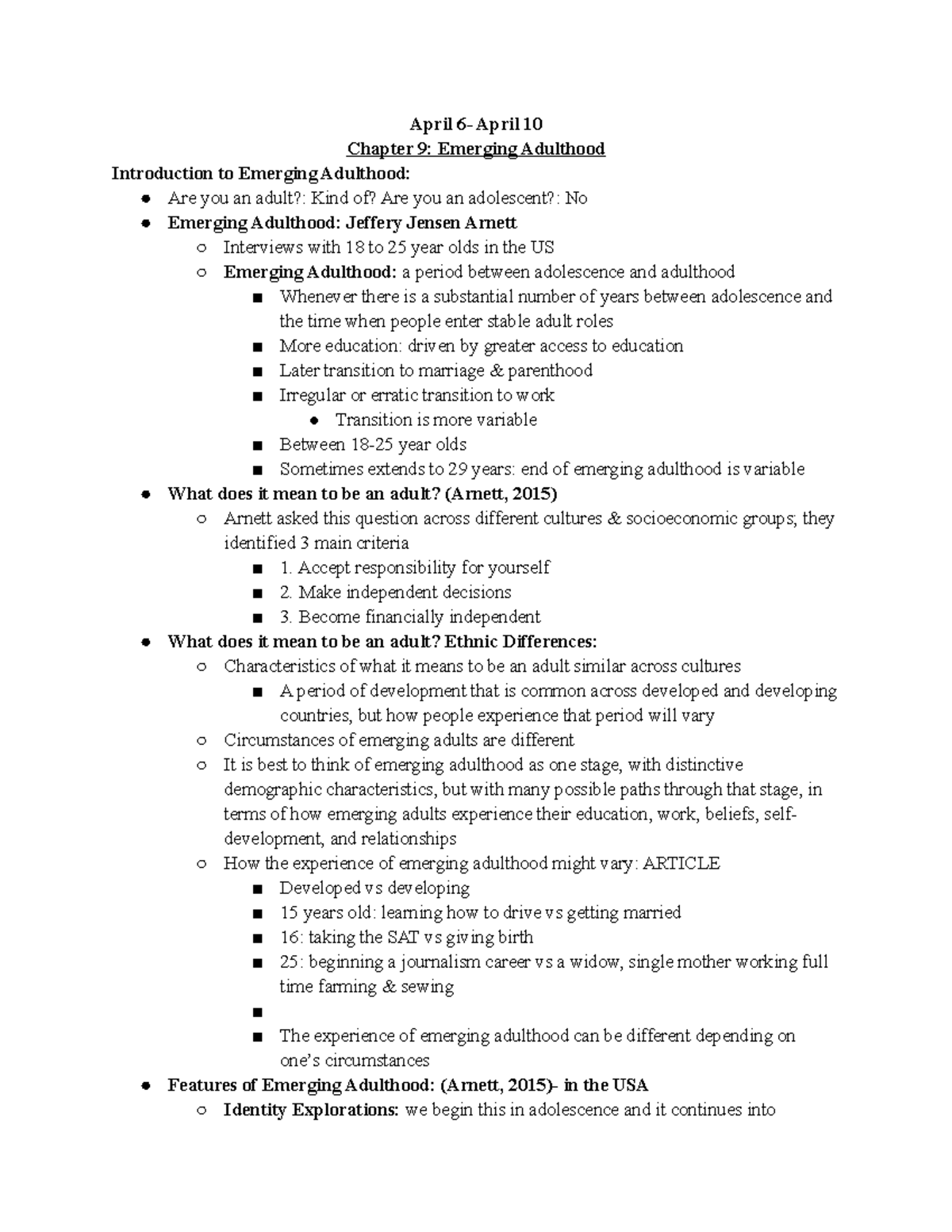 Week 11 Chapter 9 - April 6- April 10 Chapter 9: Emerging Adulthood ...