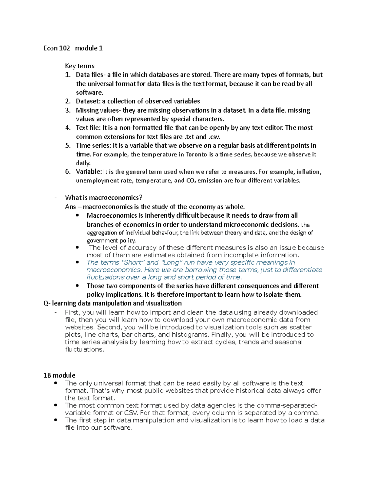 Econ 102 Module 1 - Help In Quiz - Econ 102 Module 1 Key Terms 1. Data ...