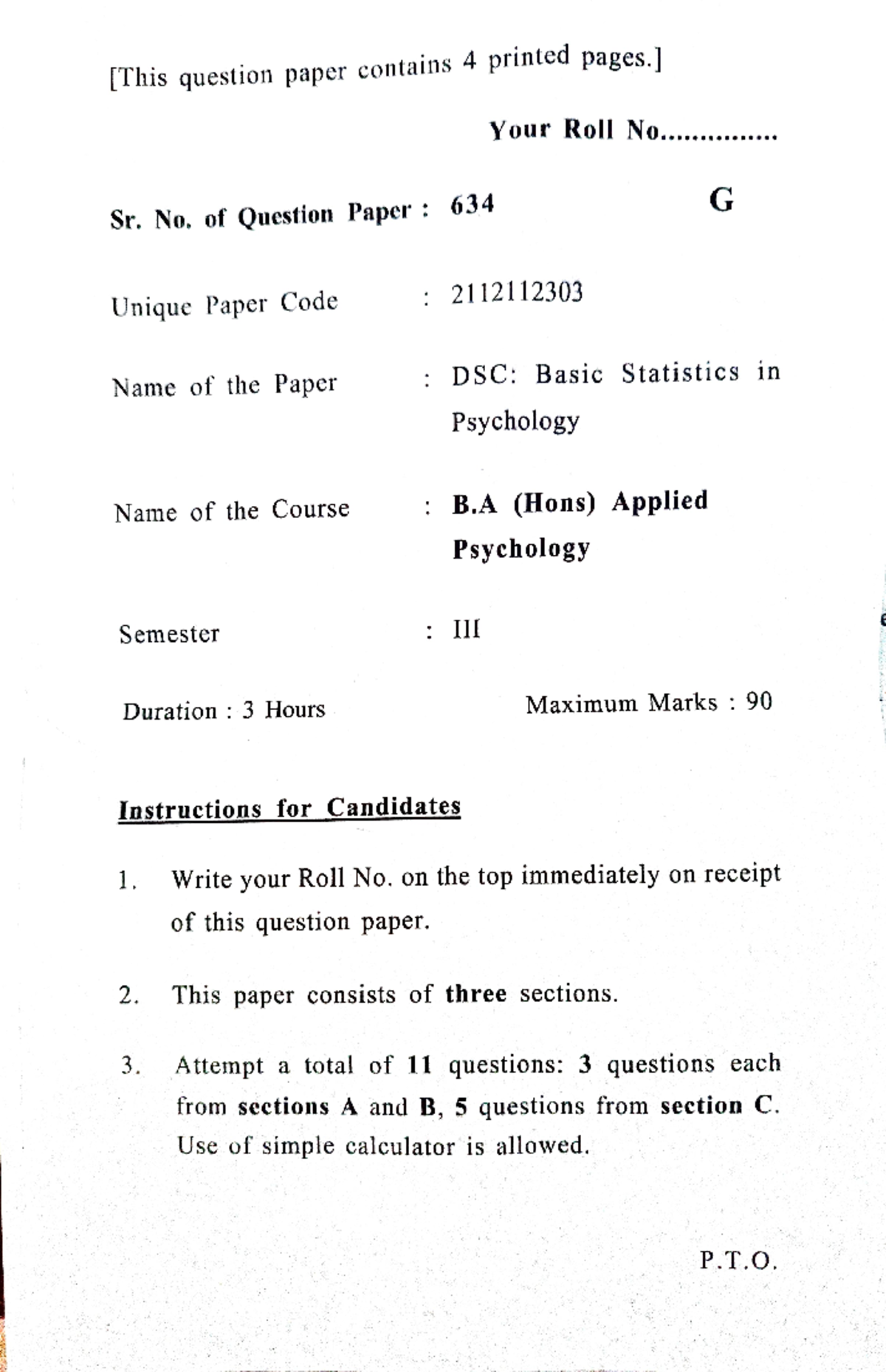 Basic Statistics In Psychology This Question Paper Contains 4