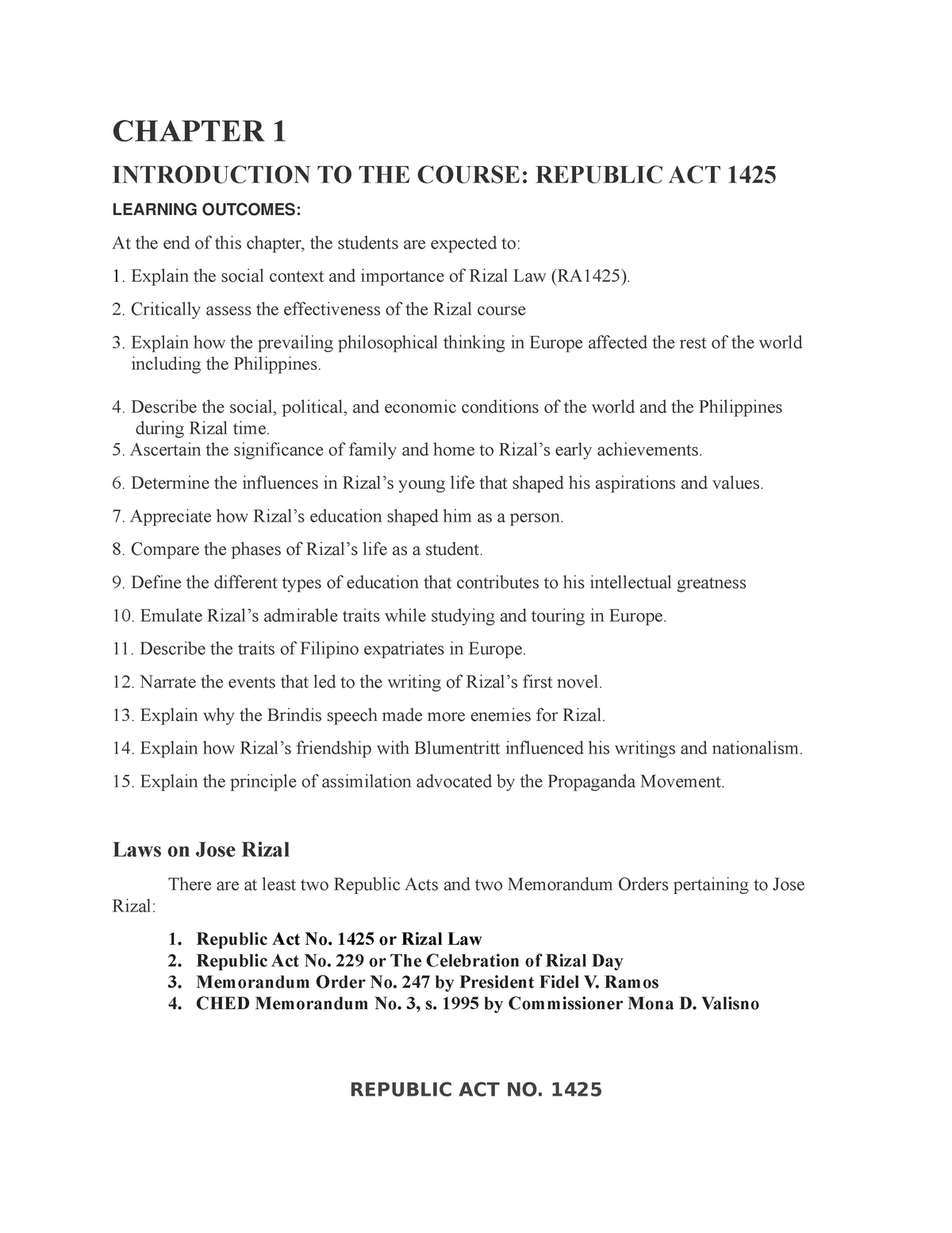 Chapter 1 laws of Jose Rizal - CHAPTER 1 INTRODUCTION TO THE COURSE