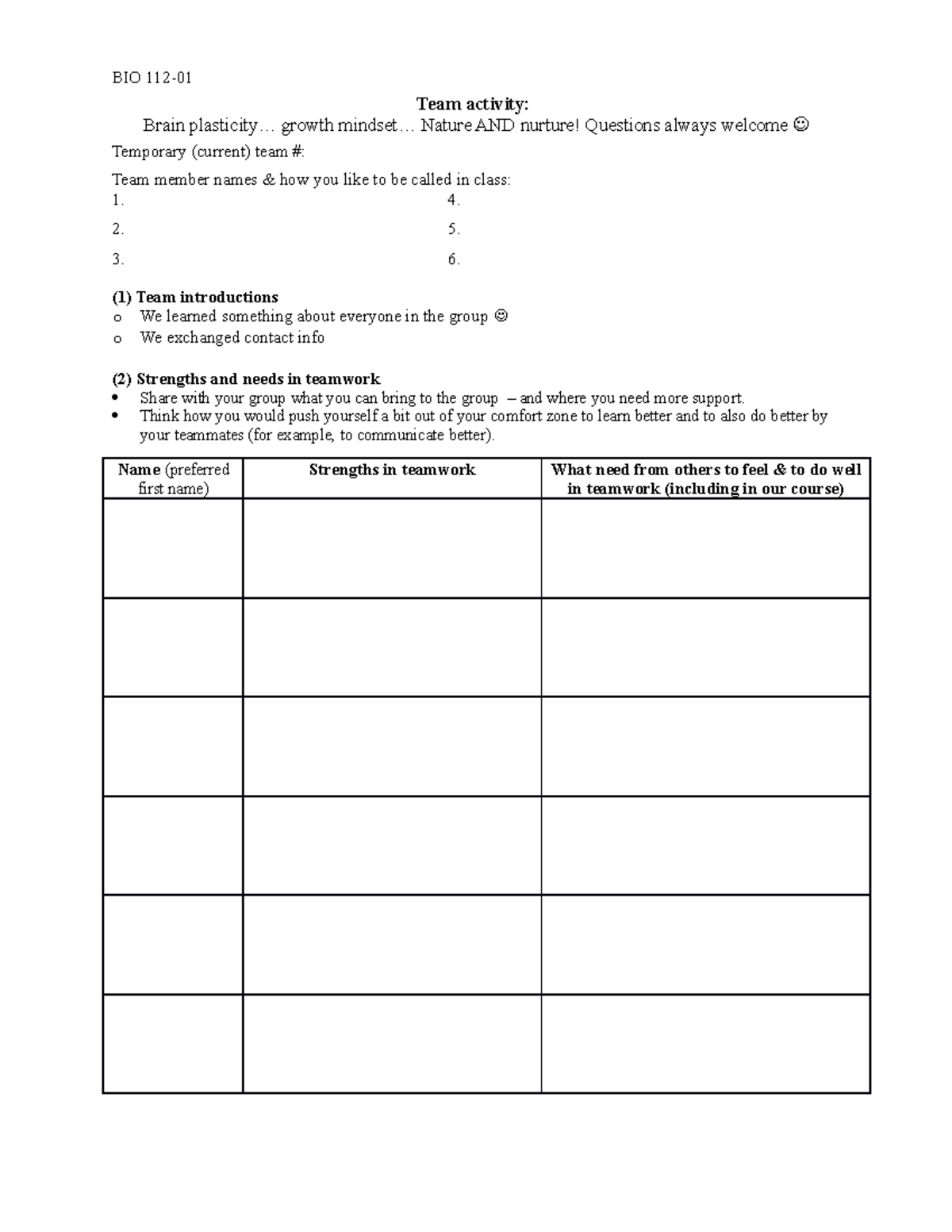 Nature And Nurture Practice Worksheet - BIO 112- Team Activity: Brain ...