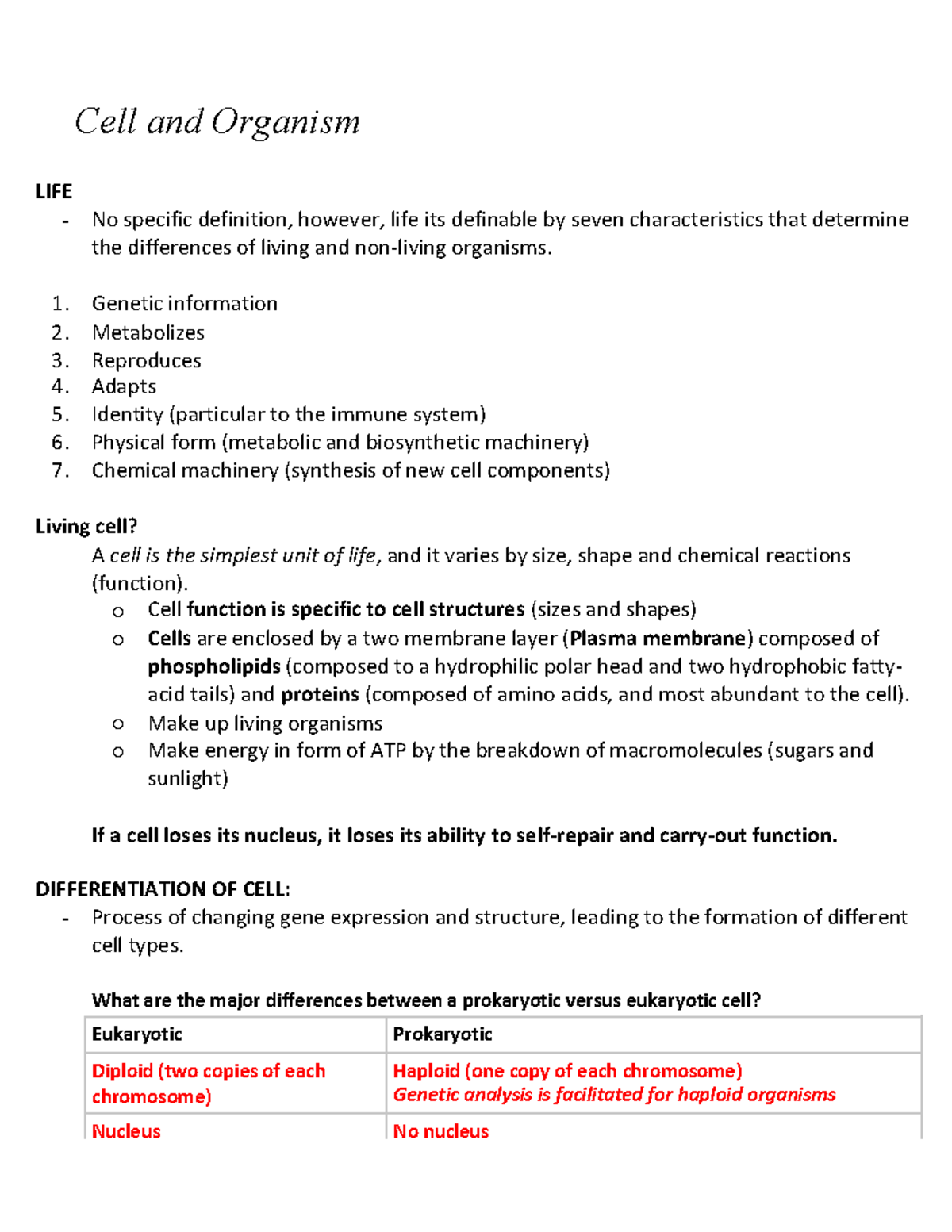 Chapter 1 - Lecture notes 1 - Cell and Organism LIFE No specific ...