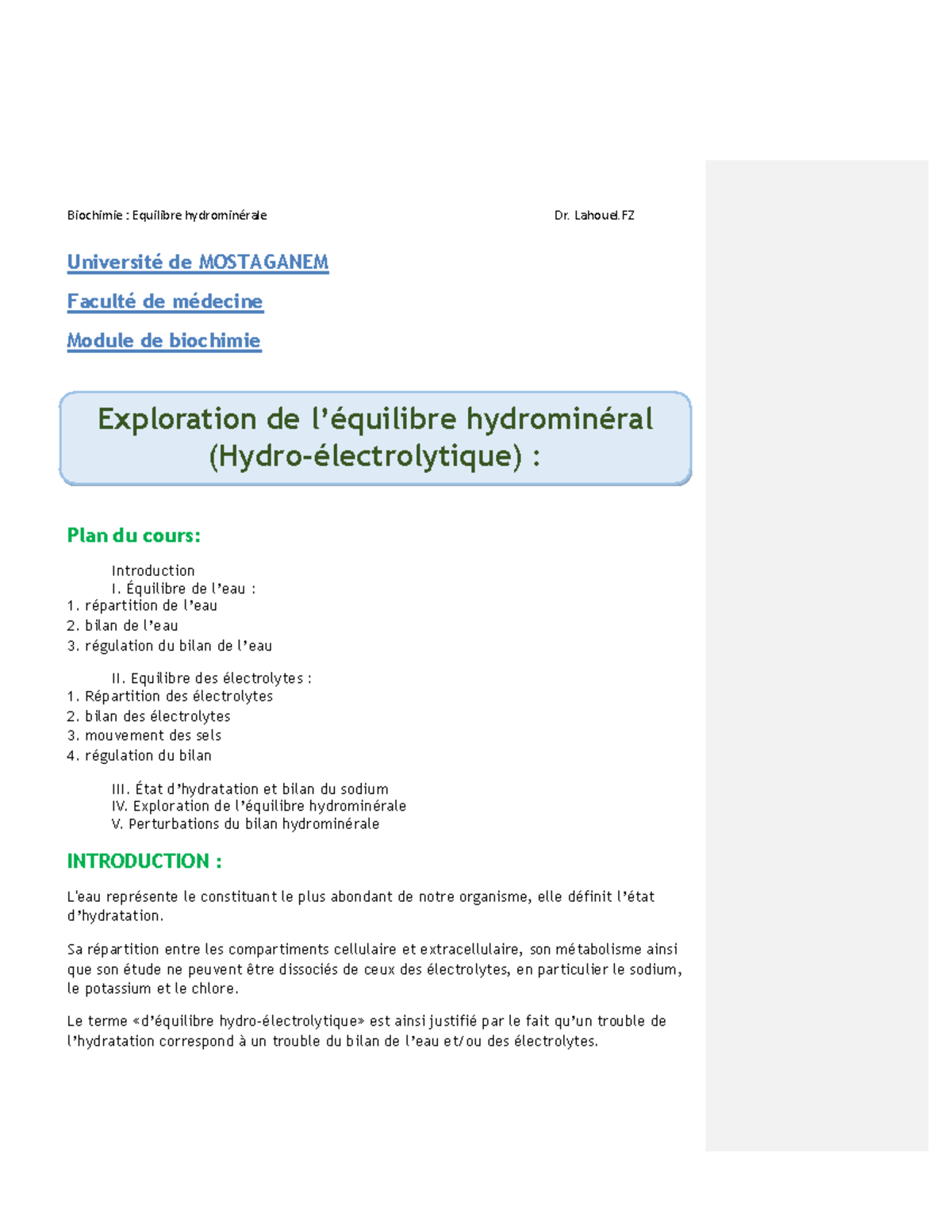 equilibre hydromineral Université de MOSTAGANEM Faculté de médecine