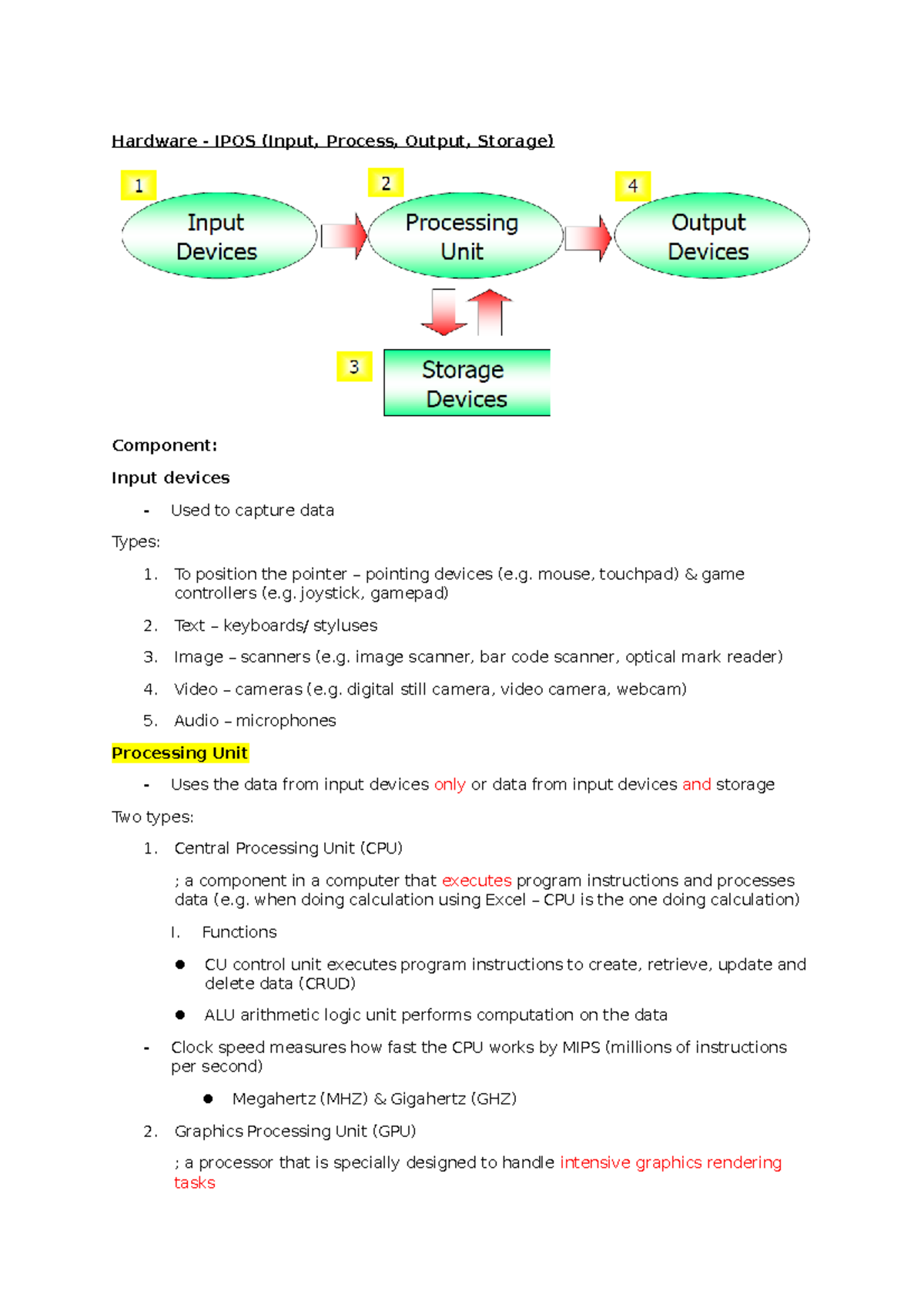 HW & SW - Lecture notes 1 - Hardware - IPOS (Input, Process, Output ...