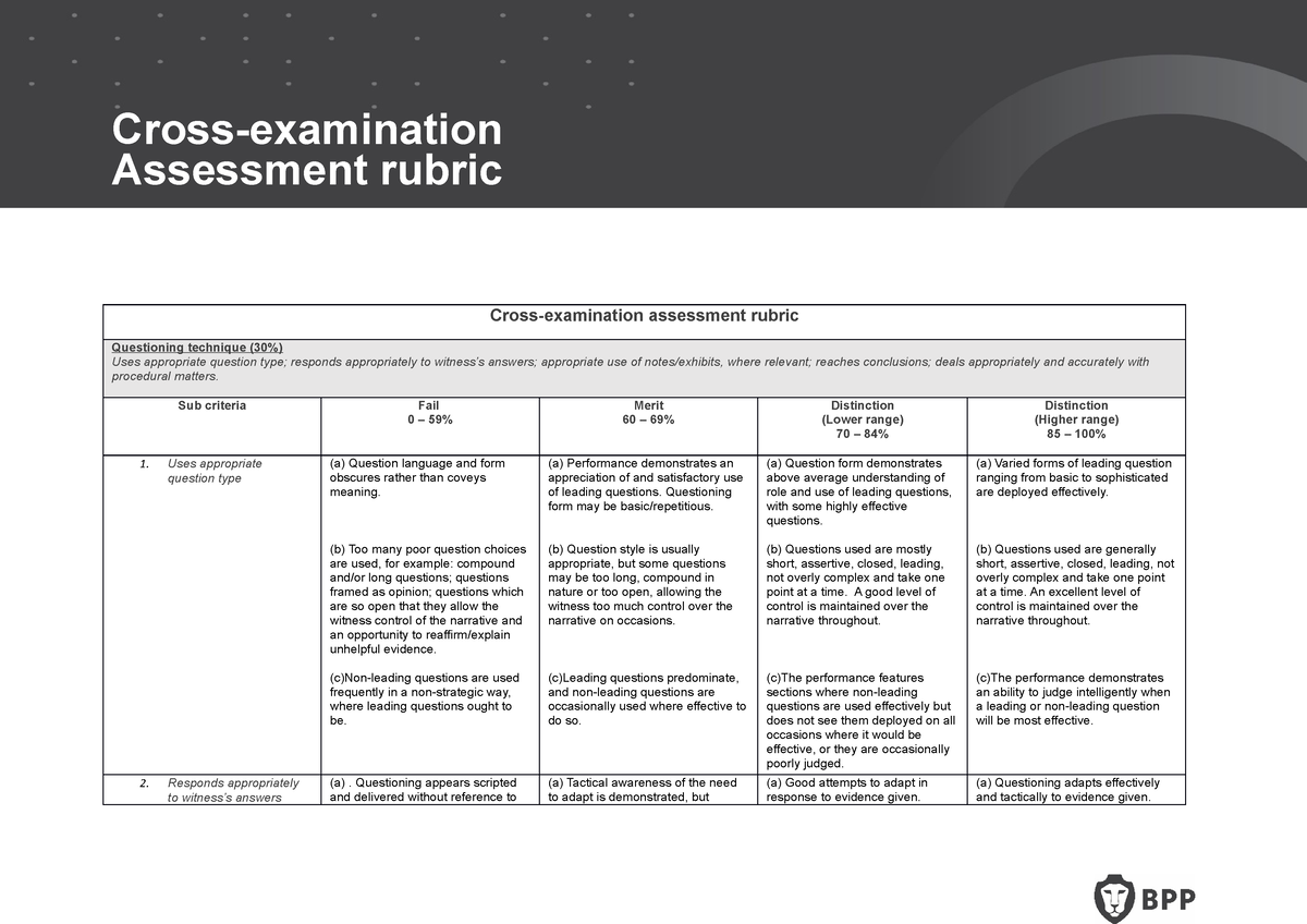 Cross examination Assessment Rubric Crossexamination Assessment