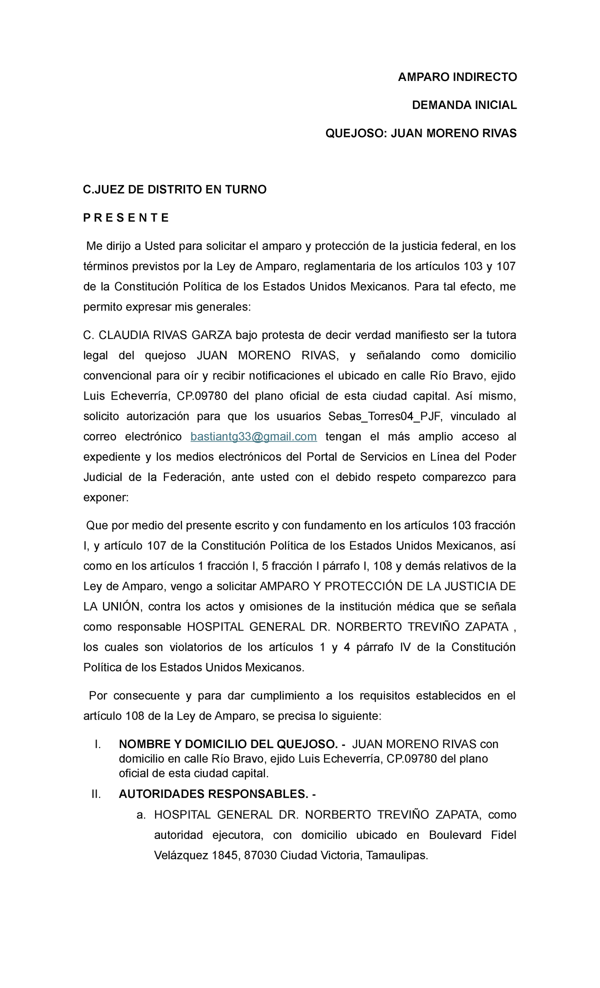 Amparo de ejemplo - AMPARO INDIRECTO DEMANDA INICIAL QUEJOSO: JUAN ...