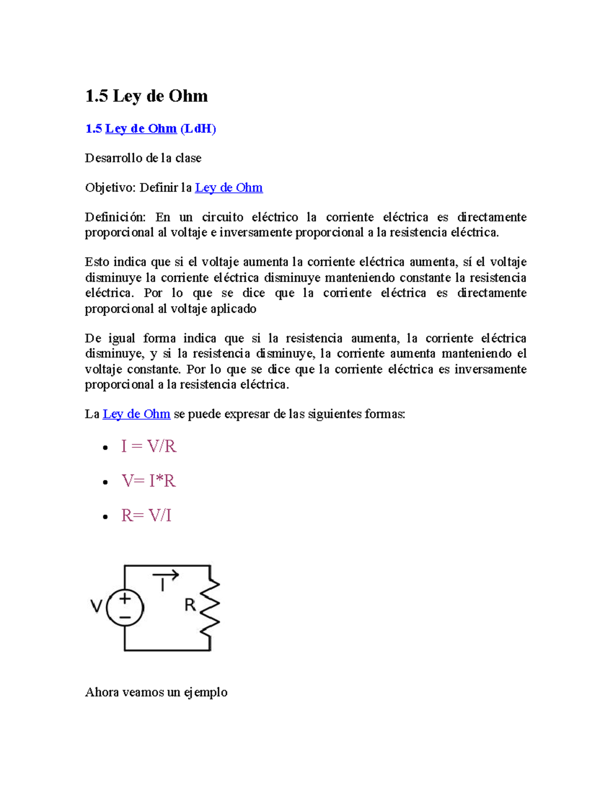 1.5 Ley De Ohm - Circuitos - 1 Ley De Ohm 1 Ley De Ohm (LdH) Desarrollo ...