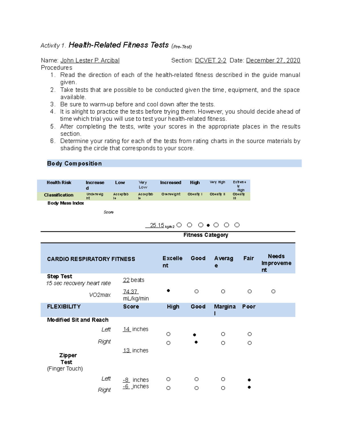 Activity 1 Chapter 2 Pretest Activity 1. HealthRelated Fitness