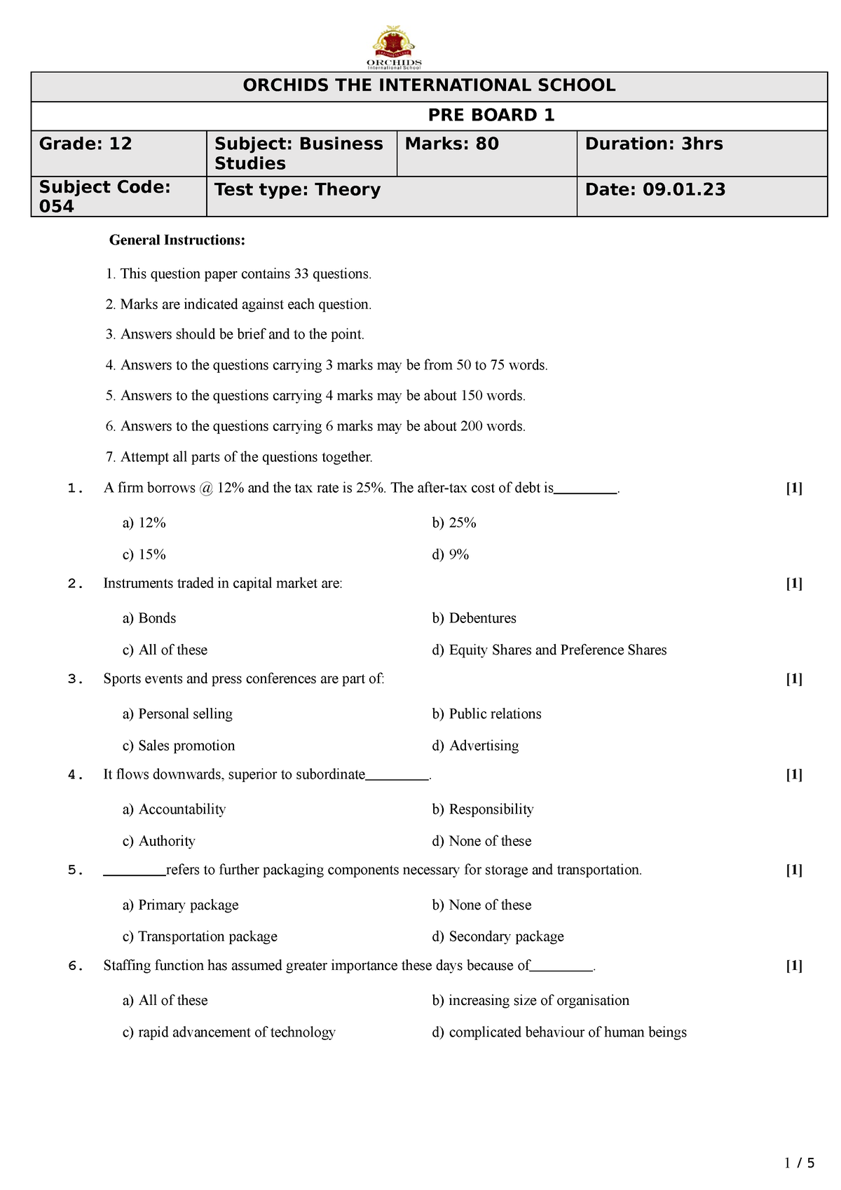 BST QP - ORCHIDS THE INTERNATIONAL SCHOOL PRE BOARD 1 Grade: 12 Subject ...