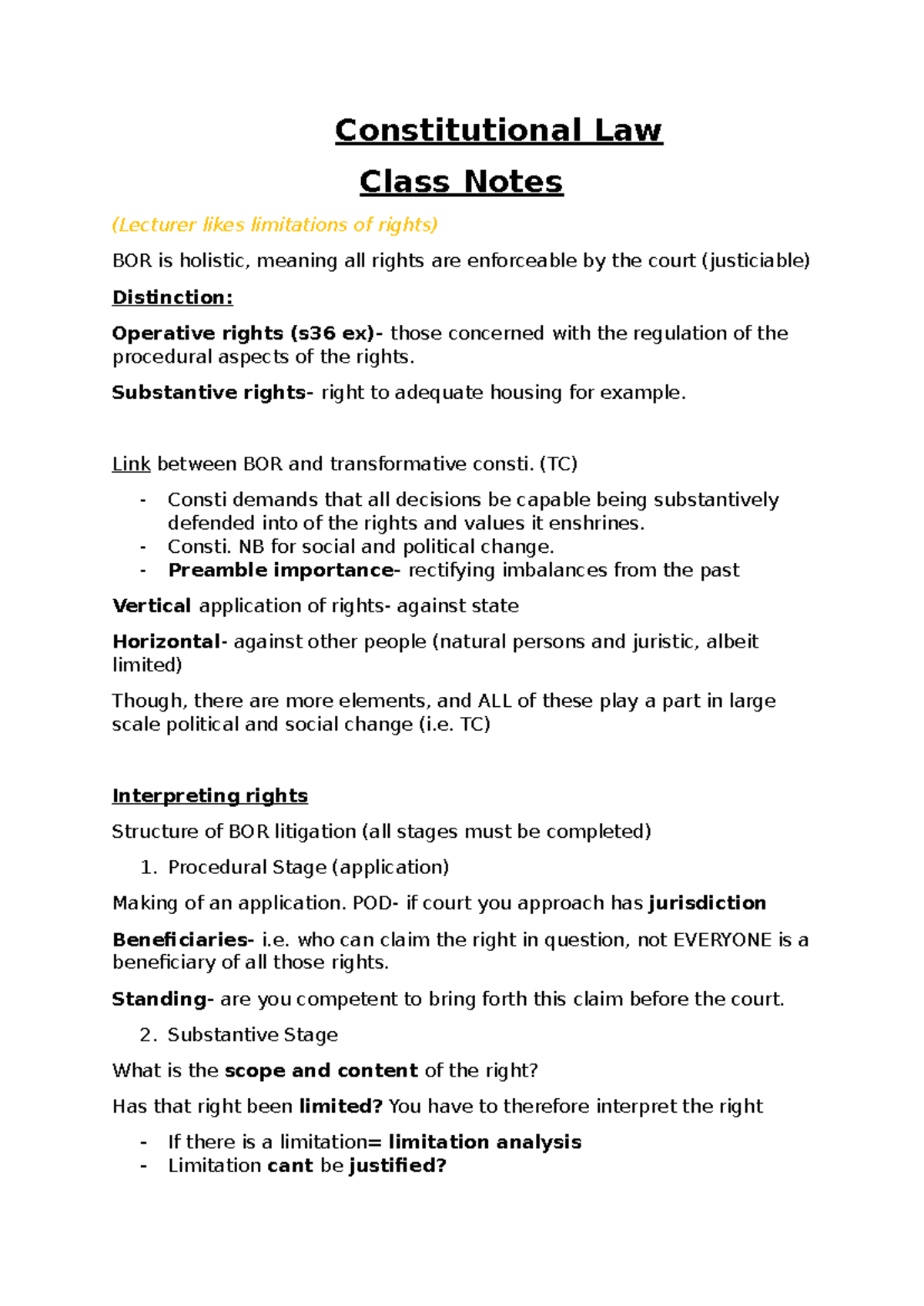 Consti. Law Class Notes - Constitutional Law Class Notes (Lecturer ...