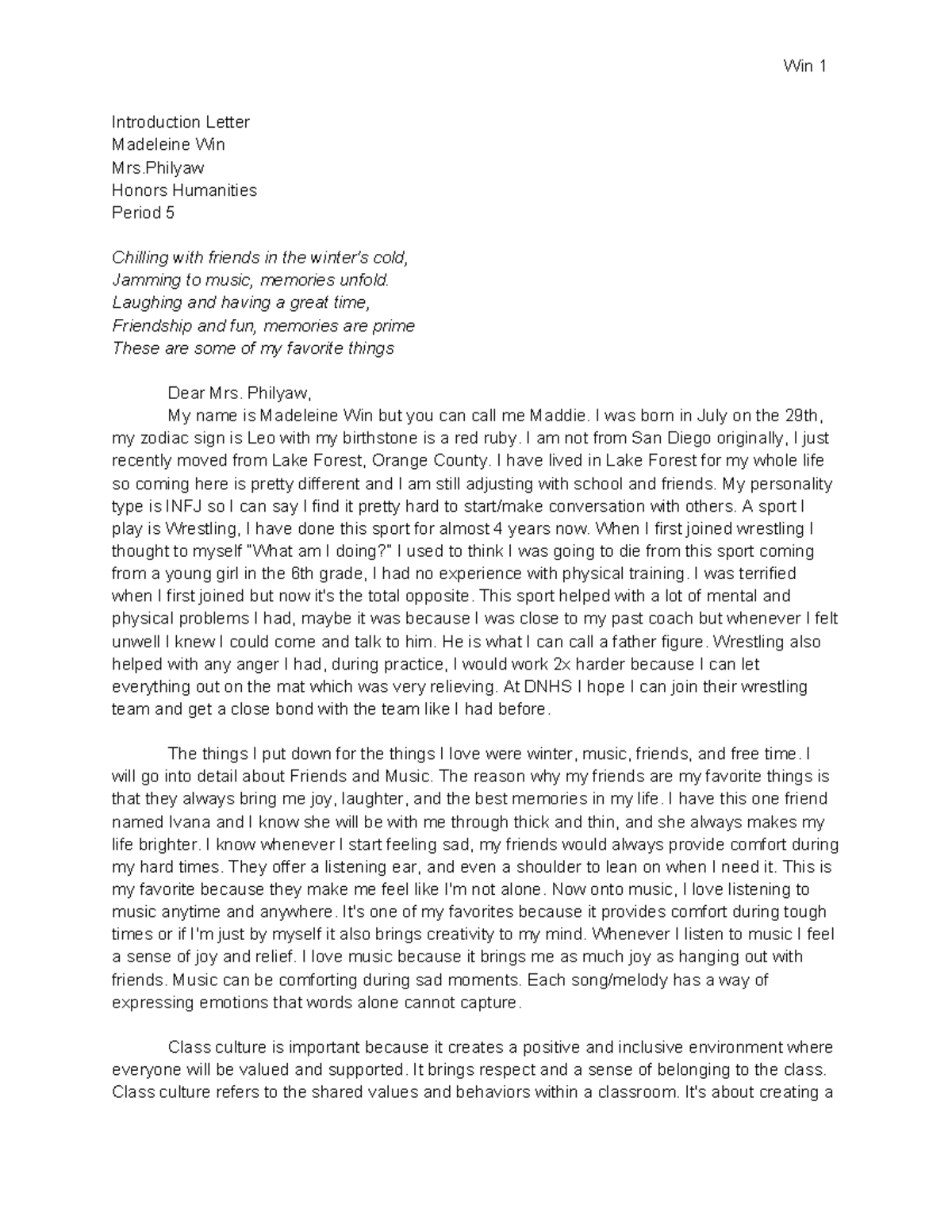 HH 1 Introduction Letter - Win 1 Introduction Letter Madeleine Win Mrs ...