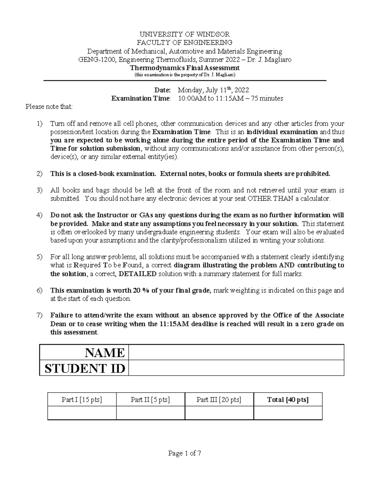 Thermodynamics Test formula sheet - Page 1 of 7 UNIVERSITY OF WINDSOR ...