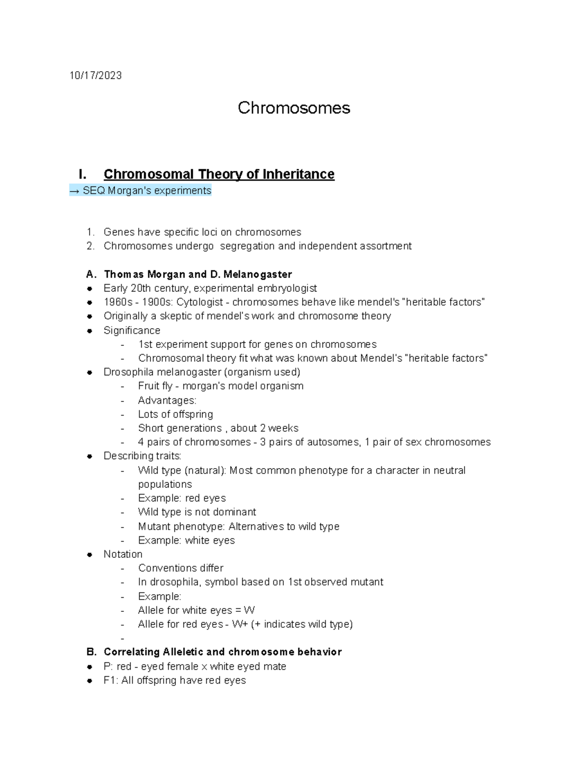 Gen Bio Lecture 13 - Cardinale notes - 10/17/ Chromosomes I ...