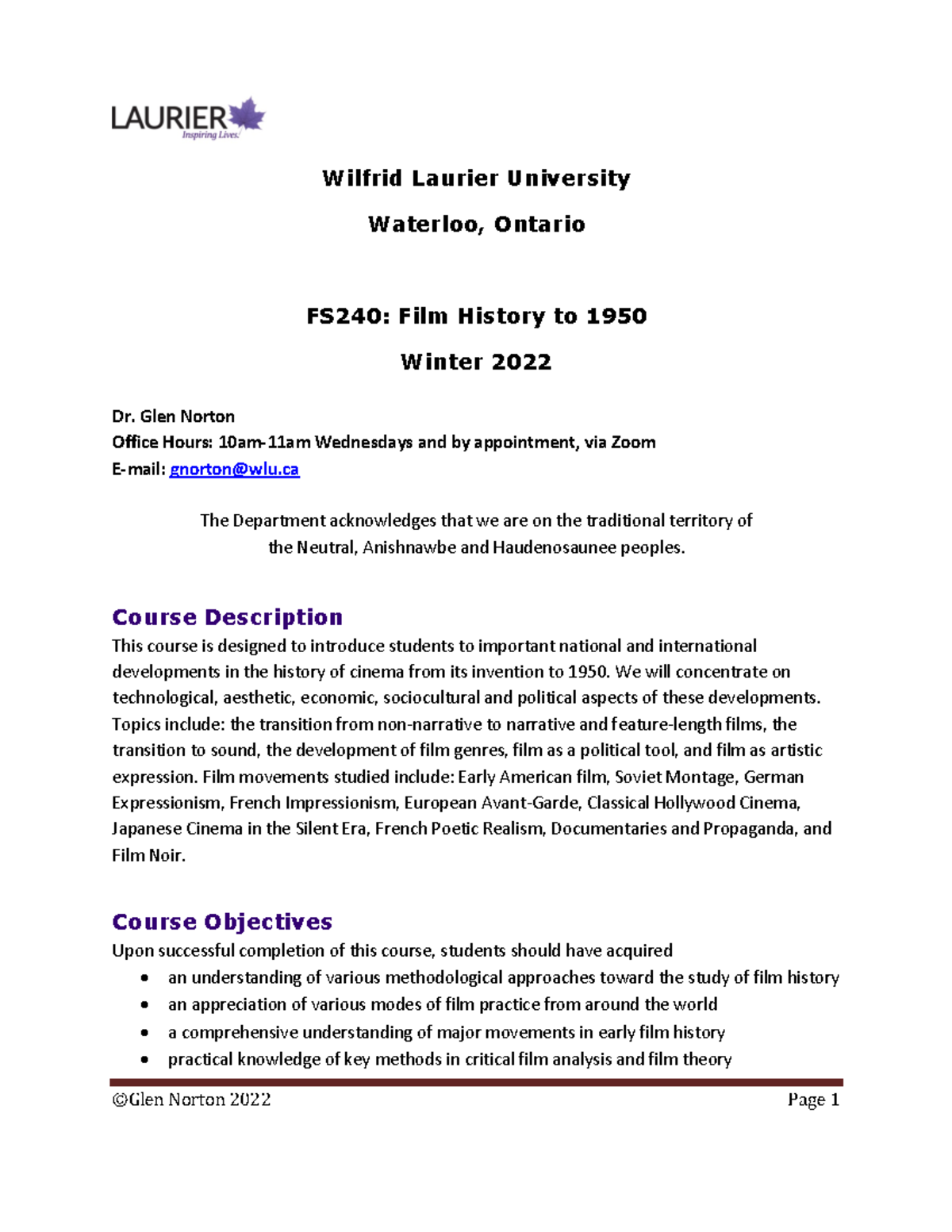 FS240 course outline winter 2022 - Wilfrid Laurier University Waterloo ...