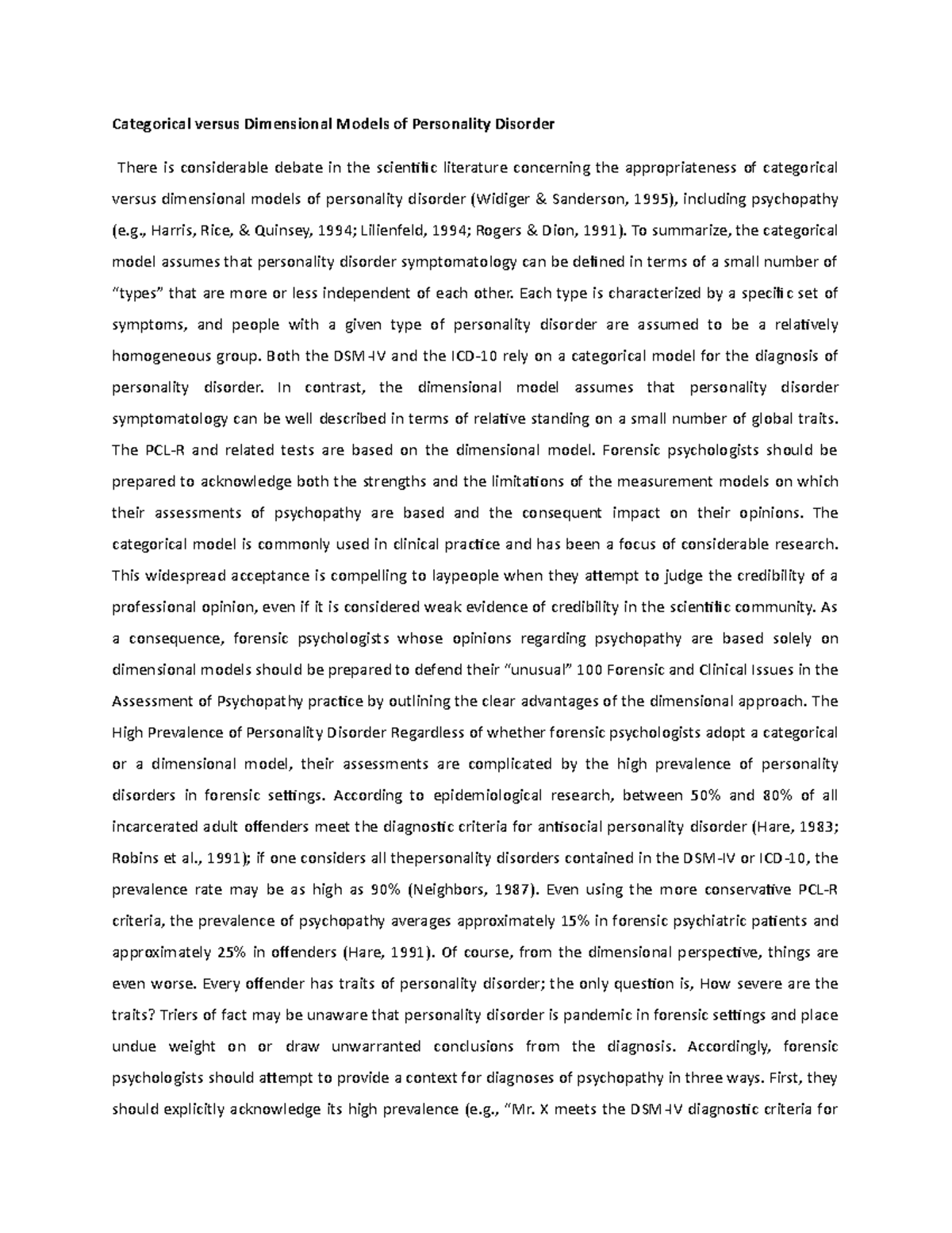 Categorical versus Dimensional Models of Personality Disorder