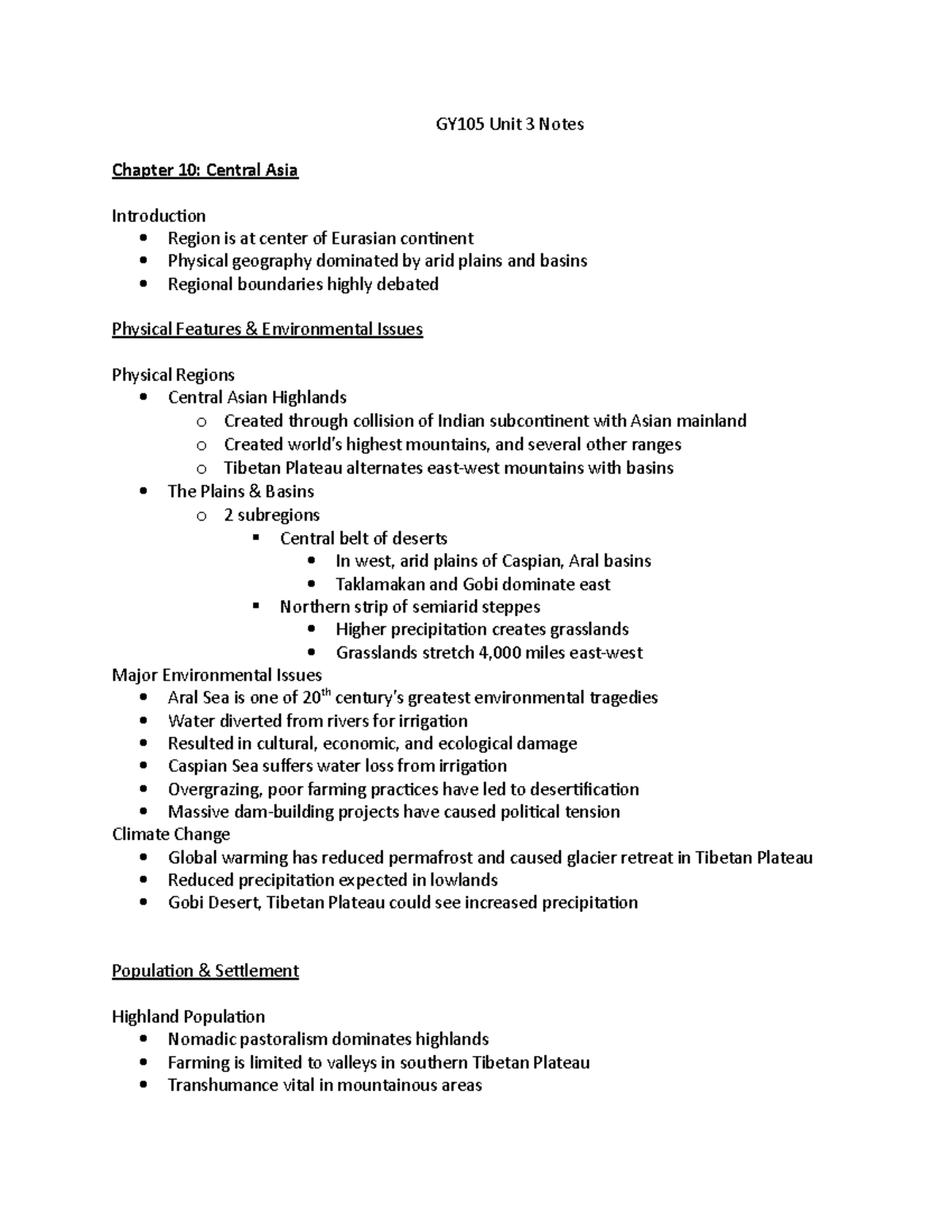 GY105 Unit 3 Notes - GY105 Unit 3 Notes Chapter 10: Central Asia ...