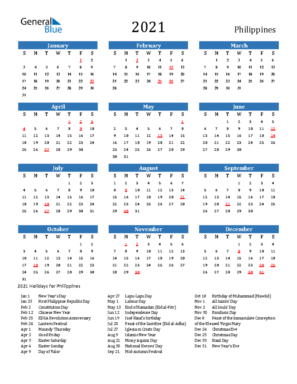 2021 calendar with holidays portrait en ph - 2021 Philippines January ...