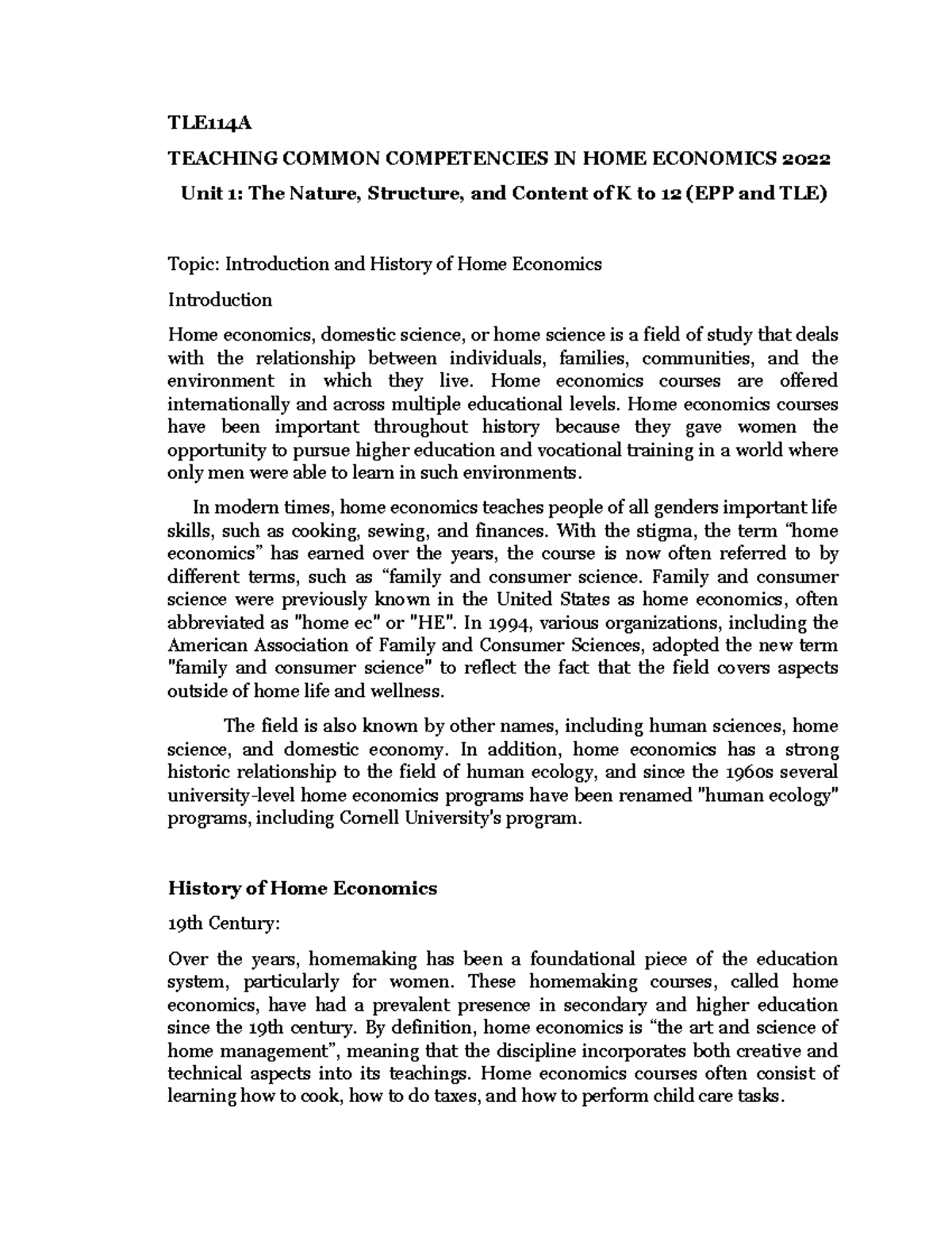 TLE114AModule NOTES TLE114A TEACHING COMMON COMPETENCIES IN HOME