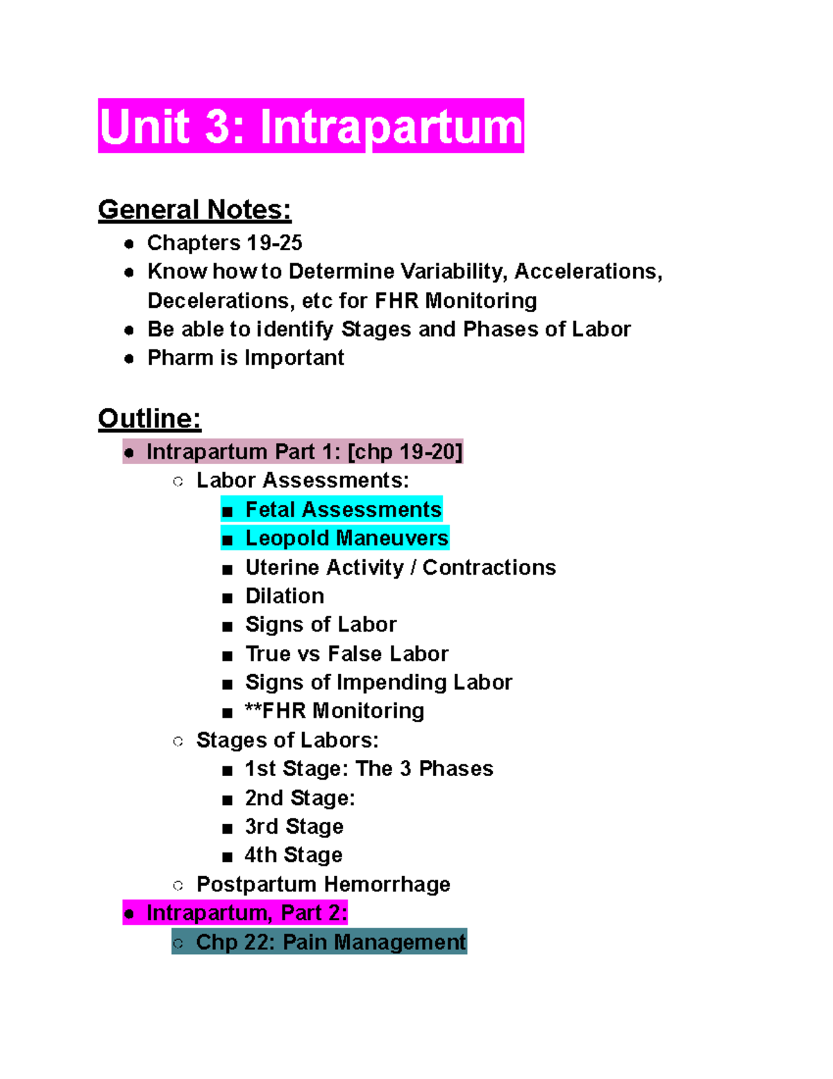 210, Unit 3 Intrapartum - Unit 3: Intrapartum General Notes: Chapters ...