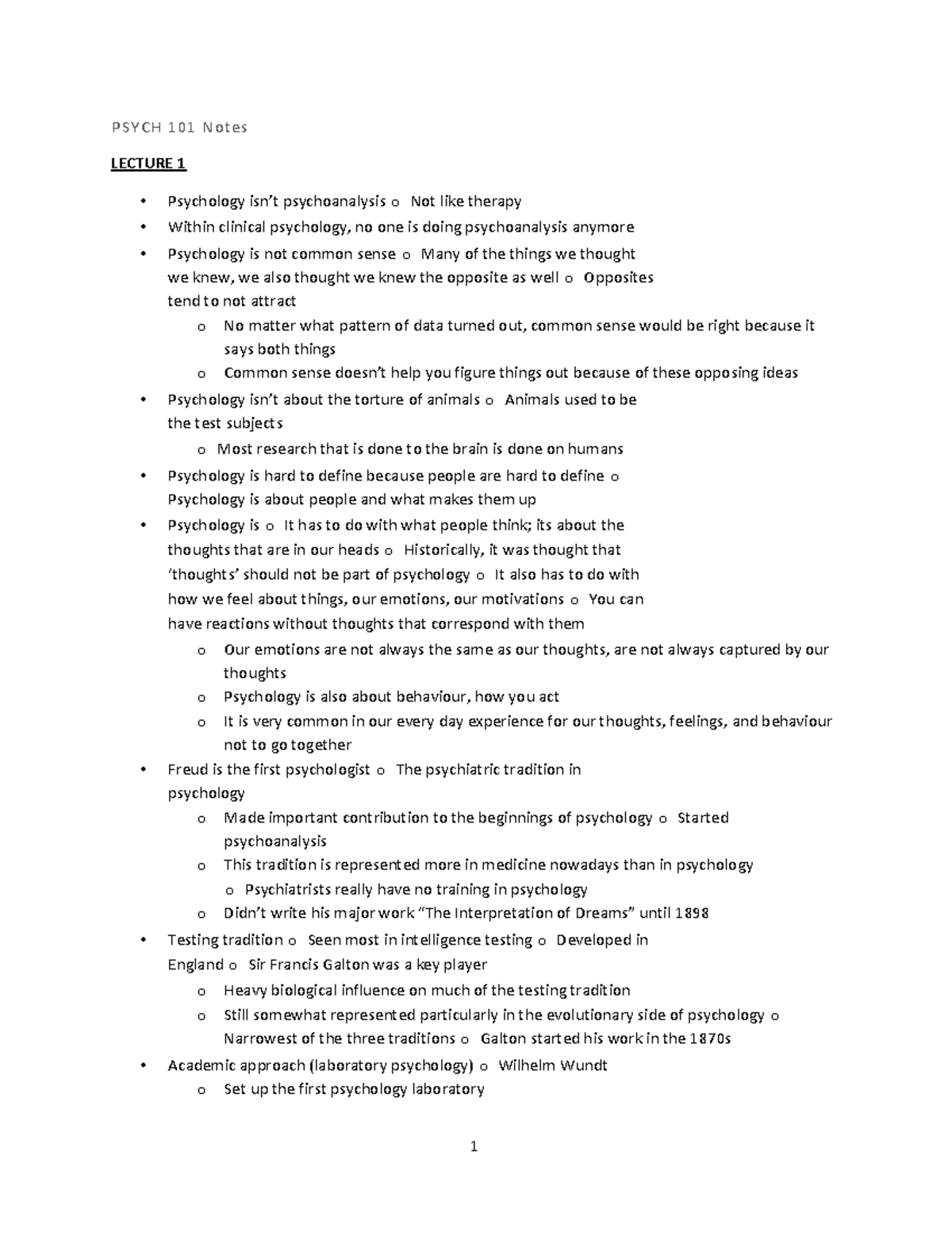 Psych 101 Notes - PSYCH 101 Notes LECTURE 1 Psychology isn’t ...