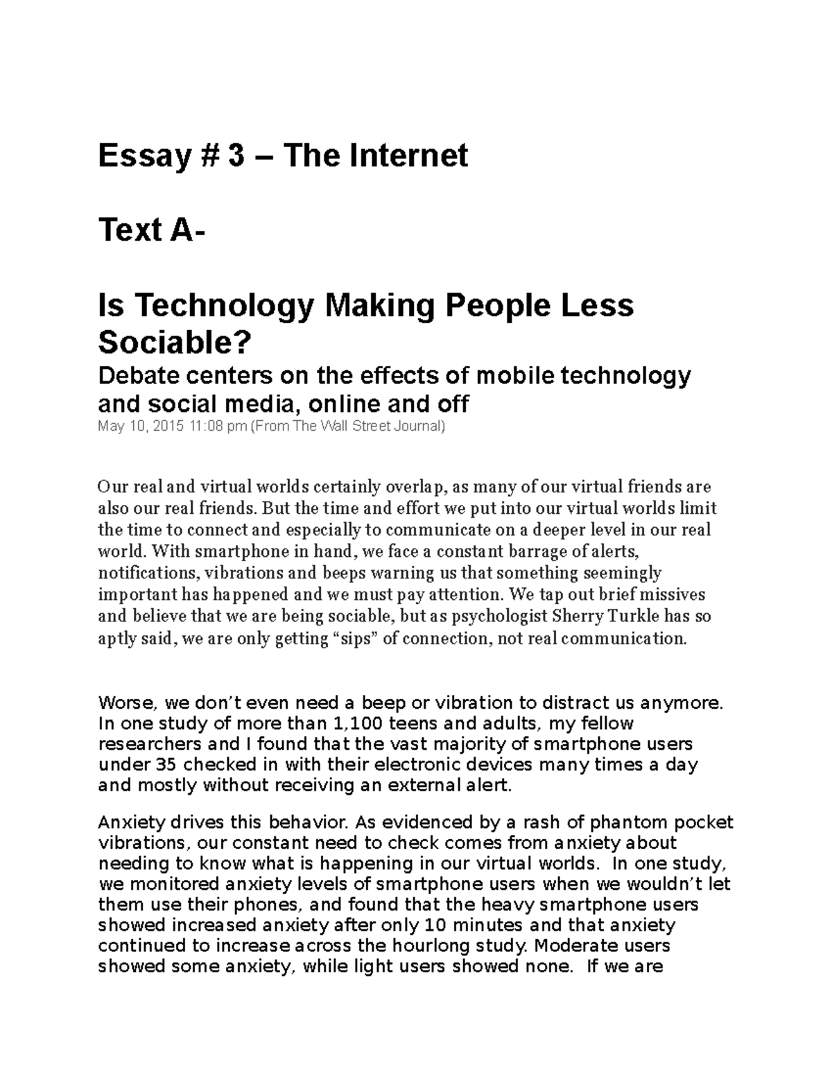 Is Technology Makings Us Lonely - Essay # 3 – The Internet Text A- Is ...