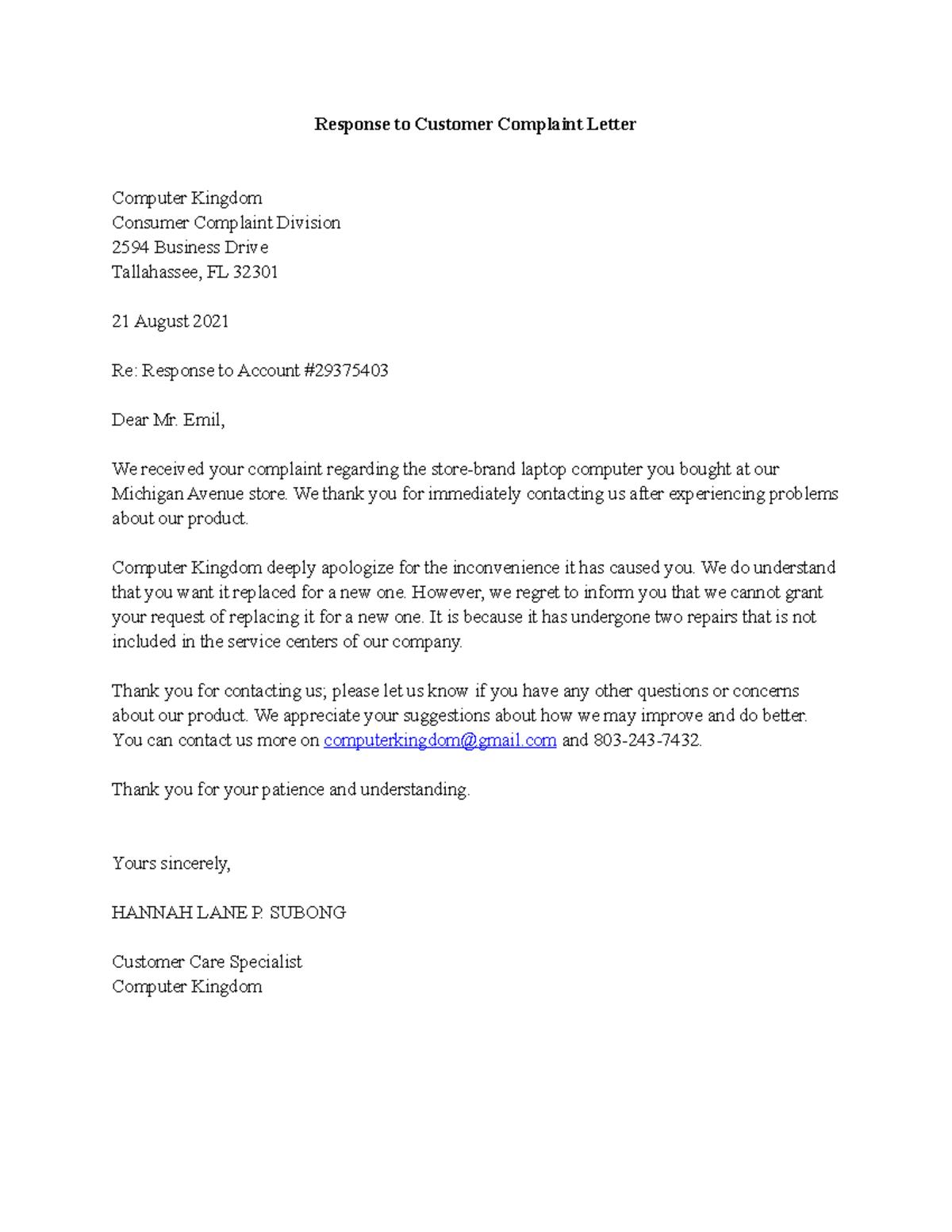 Response to Customer Complaint Letter - Response to Customer Complaint ...